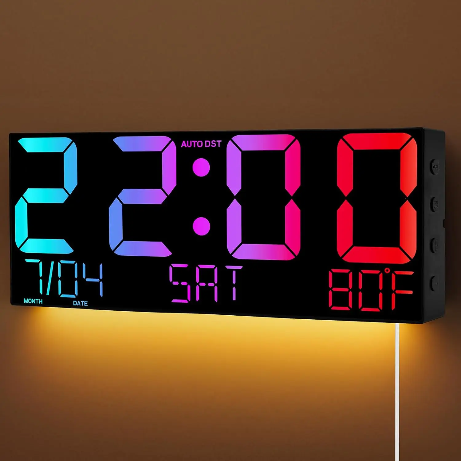 16" Large Digital Wall Clock, Corded RGB LED Clock for Classroom | Large Display, Seconds, Temp, Countdown with Remote Control, USB , for Living Room, , Wall Mounted, Auto DST