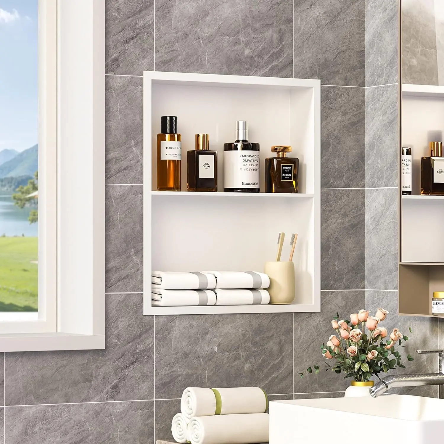 14x18 Recessed  Cabinet, Bathroom Wall Cabinet, 304 Stainless Steel Recessed Wall Niche with 2-Tiers Shelves, Matte White