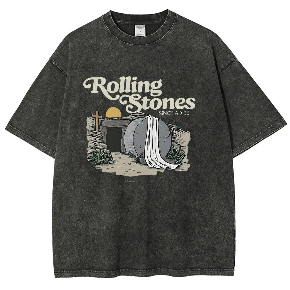 Unisex Vintage Acid Wash Oversized T Shirt for Women Men, Rolling Stones Since AD 33 Empty Tomb Cross Retro Graphic Short Sleeve Tee, Christian Faith Easter Religious Stone Washed Cotton Top