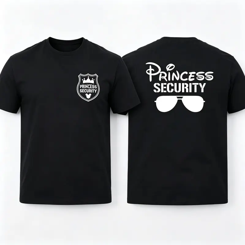 Princess Security Double-Sided Graphic Tee for Men Black Cotton T-shirt Summer Casual Funny Dad Vacation Top
