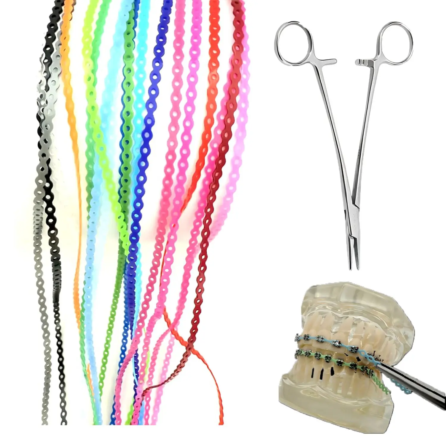 20Pcs 8.6 Inch Multi Color Orthodontic Power Chains DIY Kit with Applicator Plier, Latex-Free Elastic Braces Rubber Chains for At-Home Teeth Correction Styling