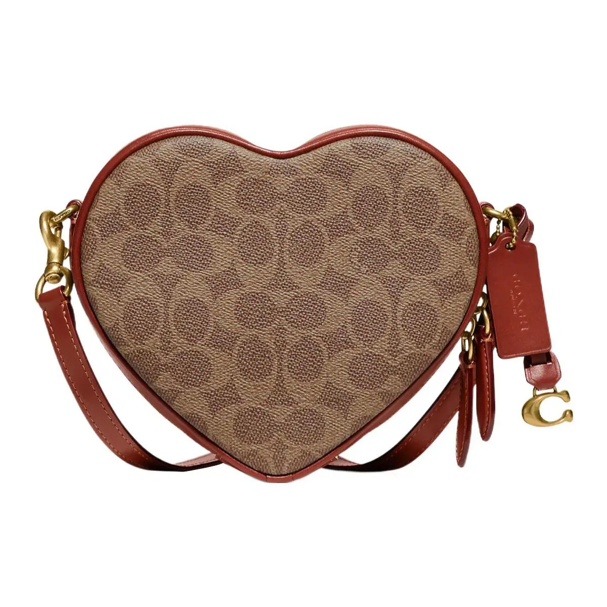COACH Heart 19 Classic Monogram Love-Shaped Zip Crossbody Bag for Women in Tan and Rust Leather
