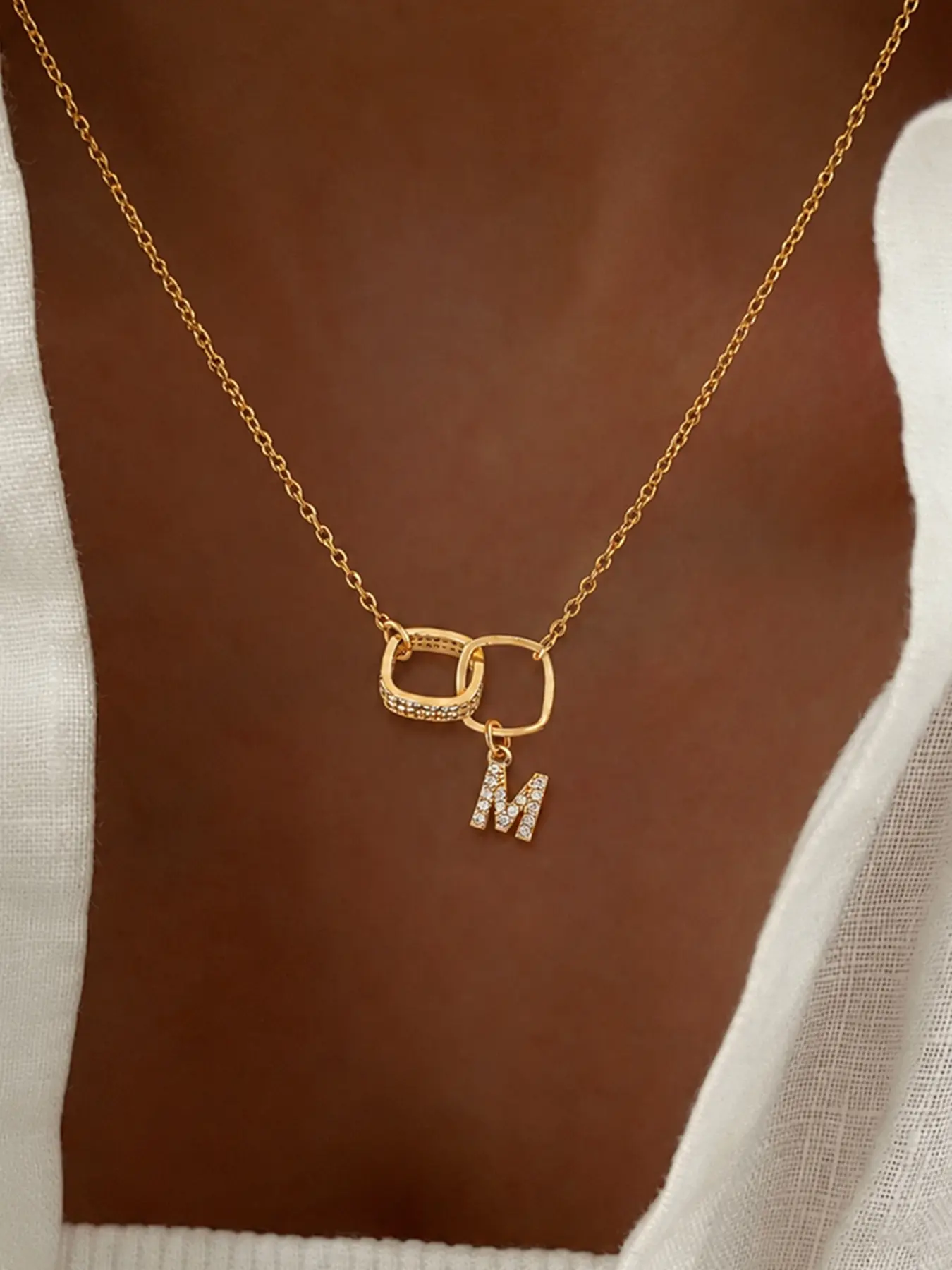 Elegant Zirconia Double Square Initial Pendant Necklace, Fashionable Stainless Steel Chain, Women's Casual Jewelry, Stylish Letter Charm