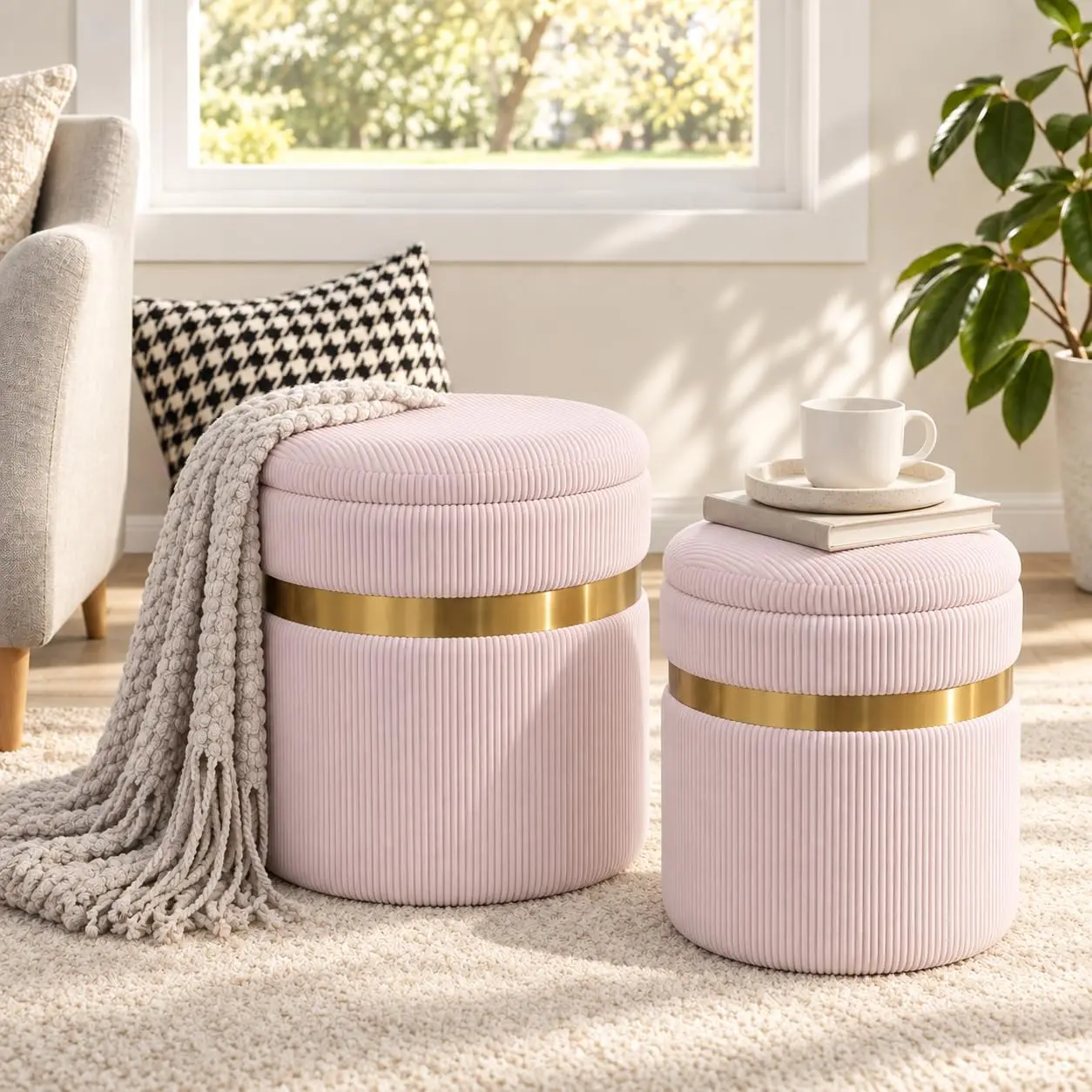 Round Ottoman with Storage Set of 2, Velvet Vanity Stool, Small Vanity Stool & Foot Stool for Living Room, Bedroom, Entryway, Hidden Storage Space, No Assembly Required