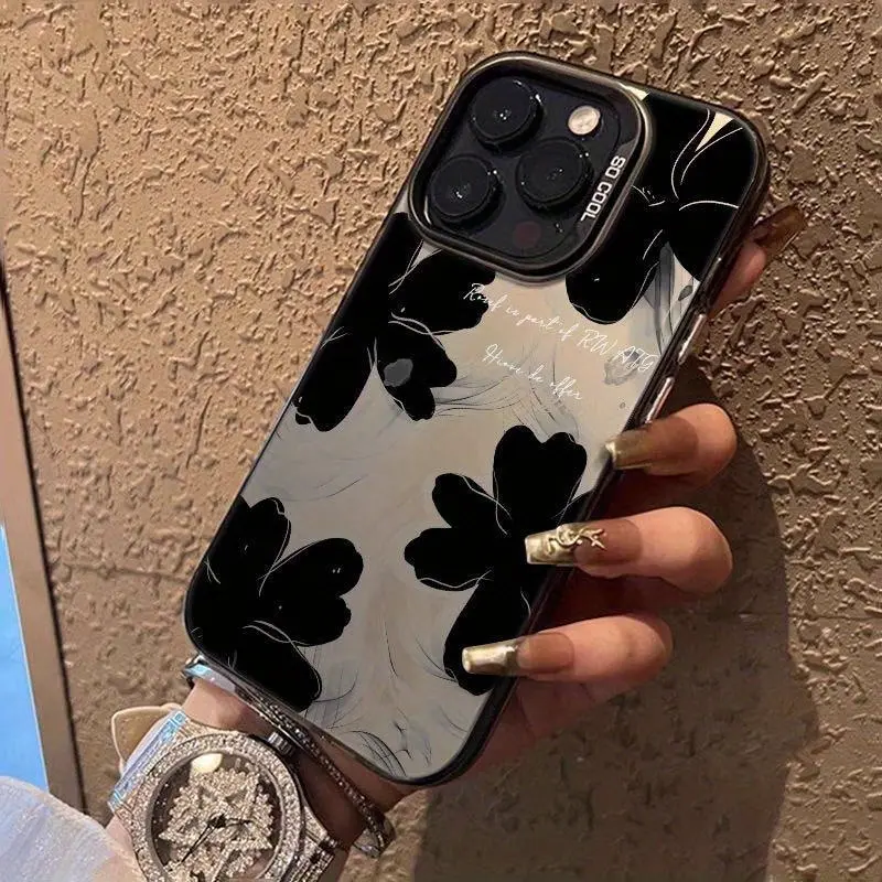 Vintage Ink Art Black Butterfly Reflective Mirror iPhone Case Full Series Compatible X XS 11 12 13 14 15 16 17, Slim Shock Absorbing Soft TPU Protective Shell Gray Smoky Matte Metallic Mirror Back Anti Drop Anti Fingerprint Dark Floral Elegant Cell Phone