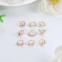 Trendy Summer 9pcs 20G Nose Rings Hoops for Women - Surgical Steel Paved CZ Cartilage Earring Hoop Cute Butterfly Flower Nose Piercing Jewelry - Silver, Gold, Black, Rose Gold