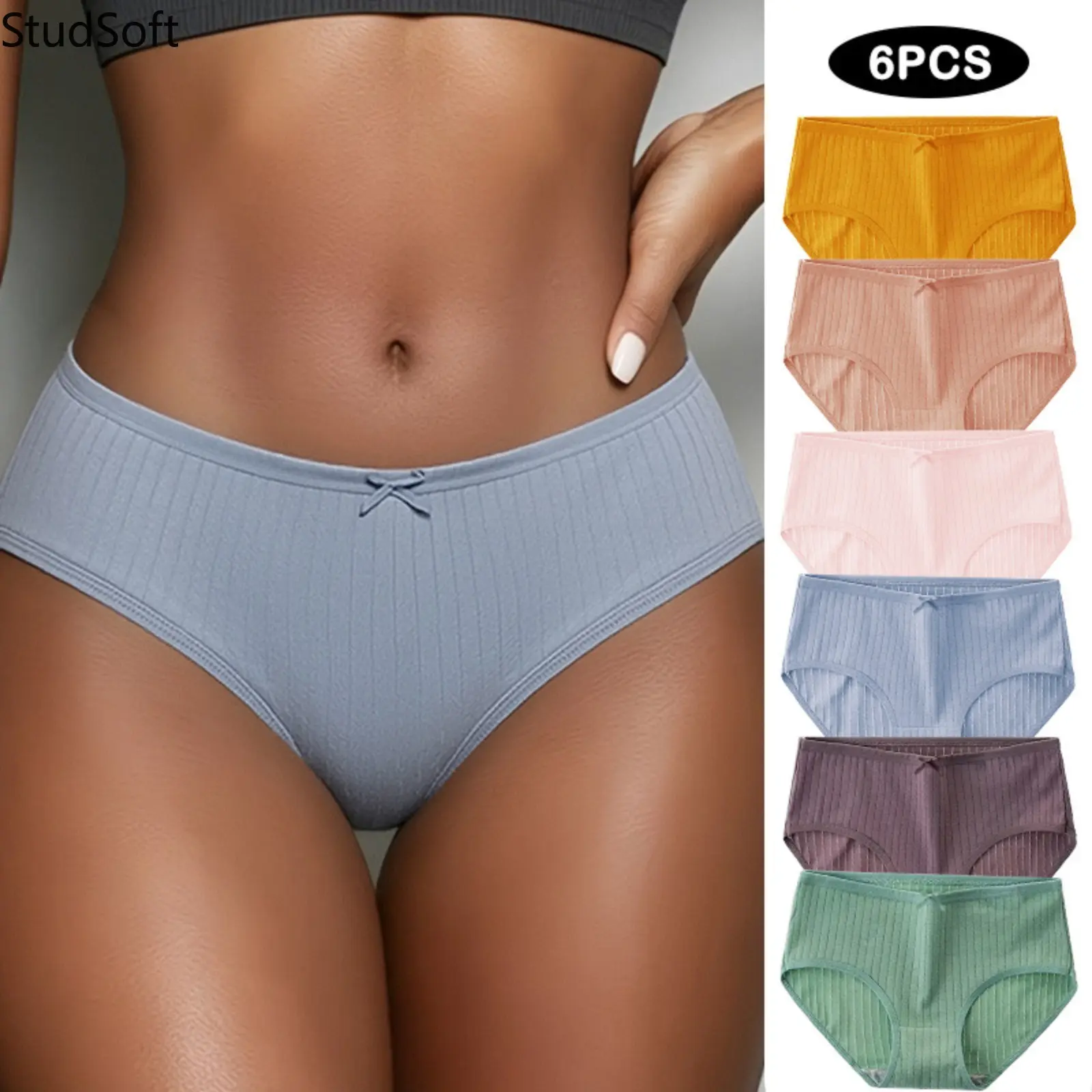 6Pcs Ribbed Cotton Briefs for Women Sexy Morandi Solid Colors Hipster Panties Seamless Edge Stretchy Low Rise Underwear Knickers Set for Gym Daily