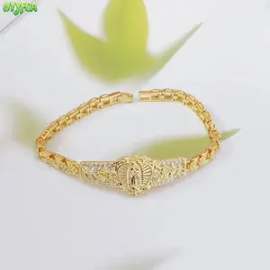 14K Gold Plated Our Lady Of Guadalupe Bracelet For Women, Rhinestone Encrusted Virgin Mary Medal Link Chain Wristband, Hypoallergenic Non Tarnish Religious Jewelry,Ideal Daily Stacked Accessory And Spiritual Gift For Catholic Faith Believers,Summervibes