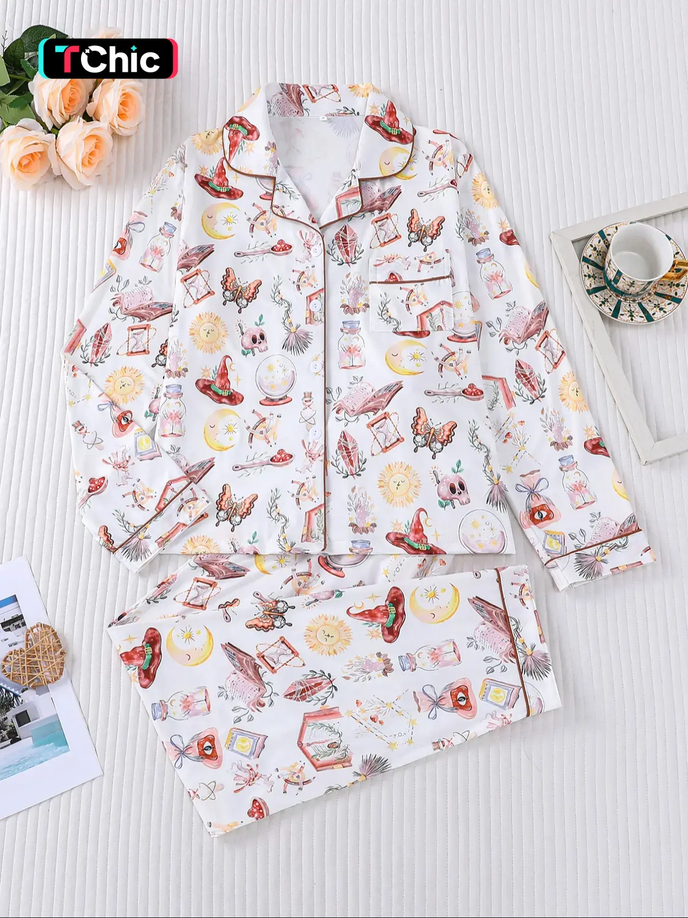 Halloween Cartoon Print Pajama Set, Women's Fitted Long Sleeve Top & Elastic Pants, Comfortable Fall Winter Sleepwear, Casual Home