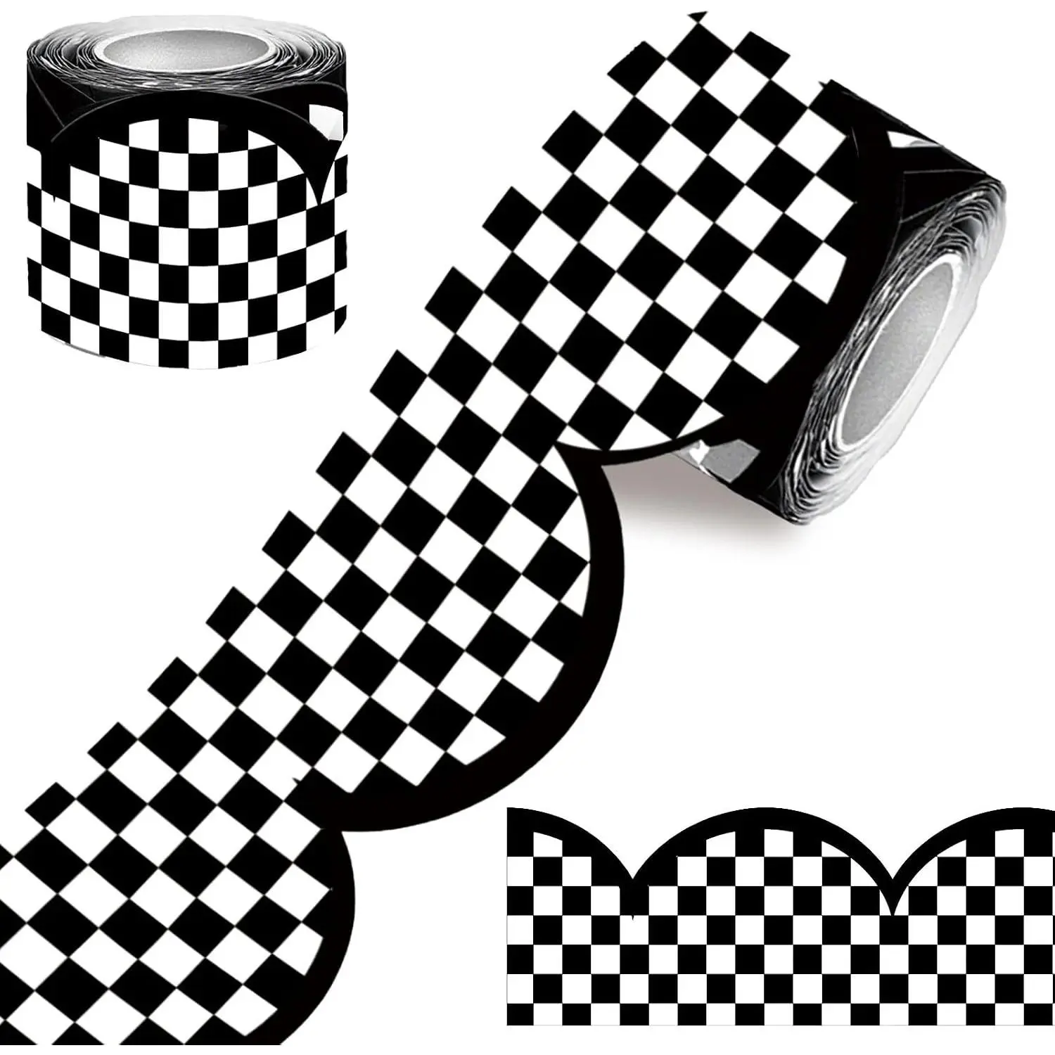 100FT Checkered Bulletin Board Border-Scalloped Checkerboard Decorative Roll for Walls, Desks, Windows, Doors, Lockers, Schools, Classrooms, Homeschool & Offices(Black)