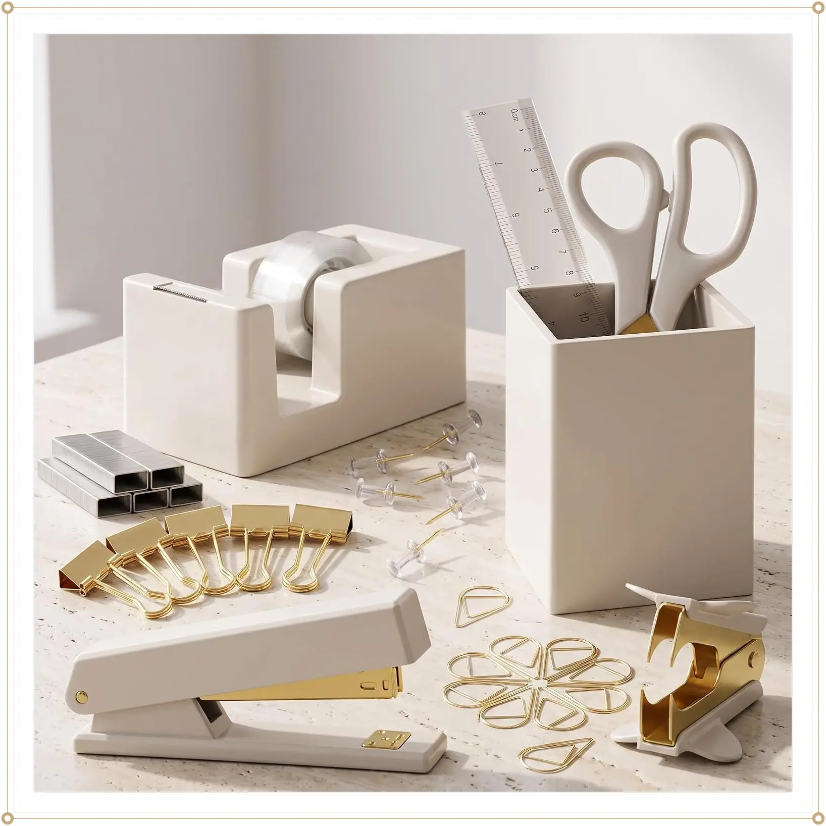 Aesthetic Desk Accessories Set - Complete Desktop Organizer for Women Enhances Any Office Decor - Gold Finish Office Supplies Kit incl. Pen Holder, Scissors, Stapler, Tape Dispenser & MoreGift