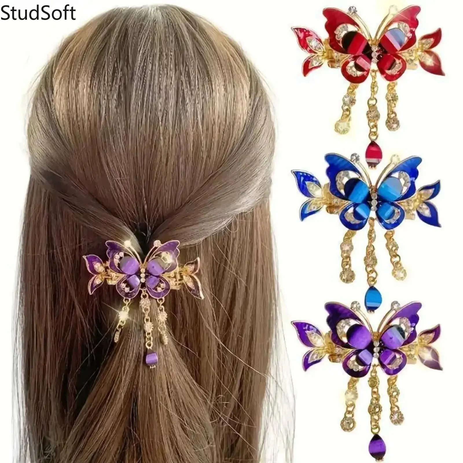 3pcs Bohemian Butterfly Tassel Hair Clips, Vintage Rhinestone Alloy Hairpins for Women Updos, Elegant Moving Wing Ponytail Accessories for Wedding