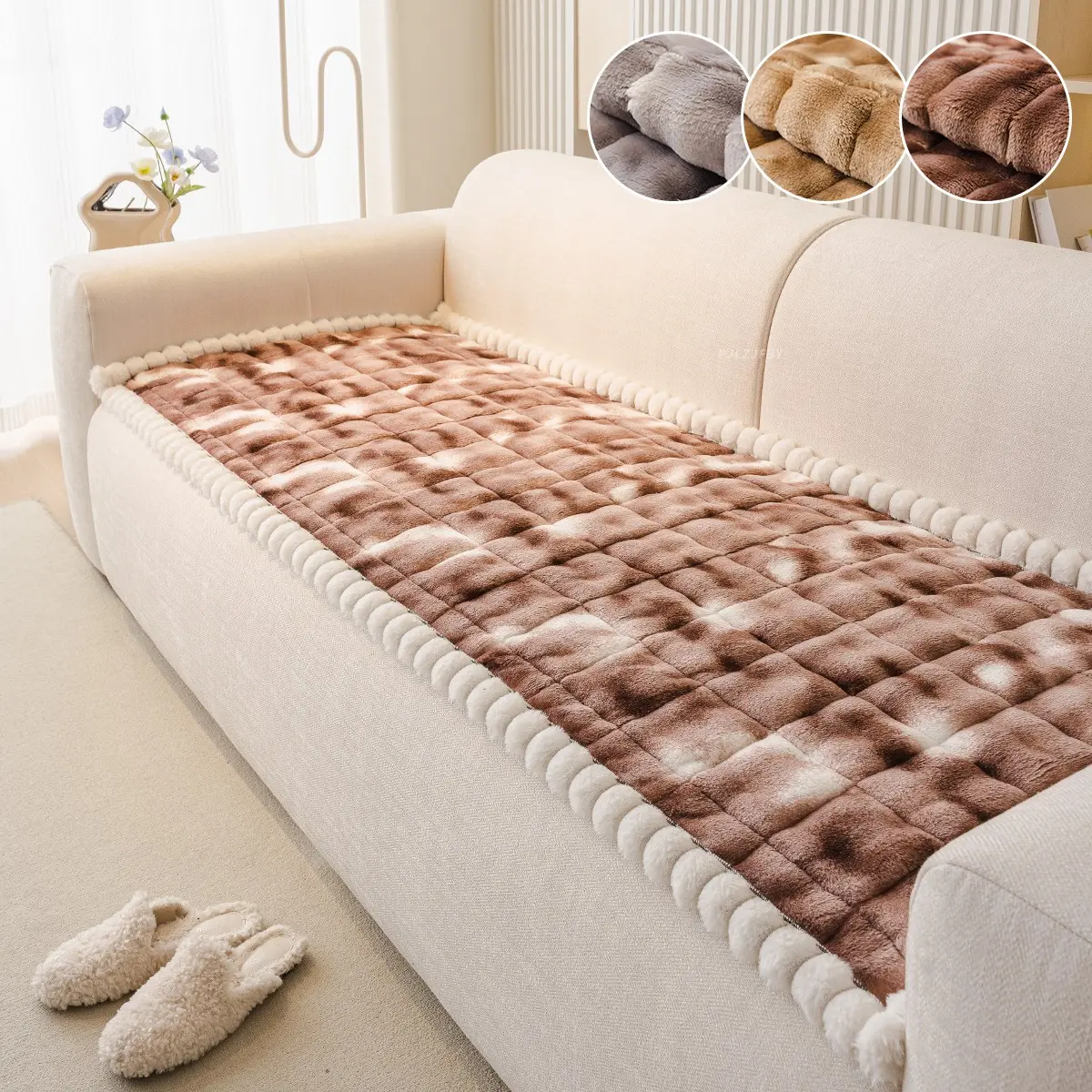 1pc Plush Sofa Pad, Quilted Thick Polyester Fill, Tie-Dye Velvet Craft, Winter Warm Sofa Pad, Pet-Friendly, Washable, Fits 1-4 Person Sofas