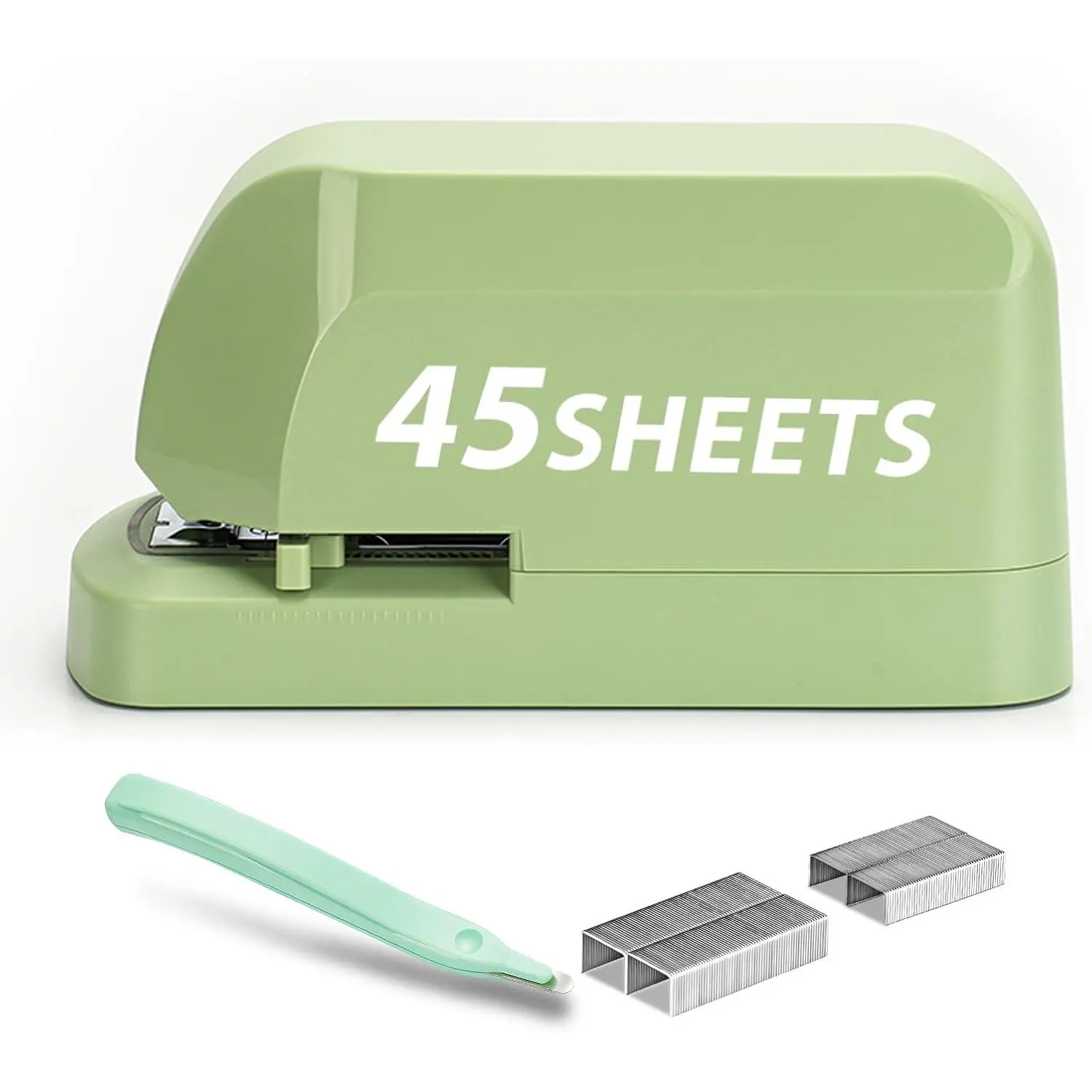 Heavy Duty Electric Stapler Value Pack, 45 Sheet Capacity, Includes 1500  & Staple Remover, No-Jam,  Stapling, Automatic Stapler Desktop,AC Adapter  (Saga Green)