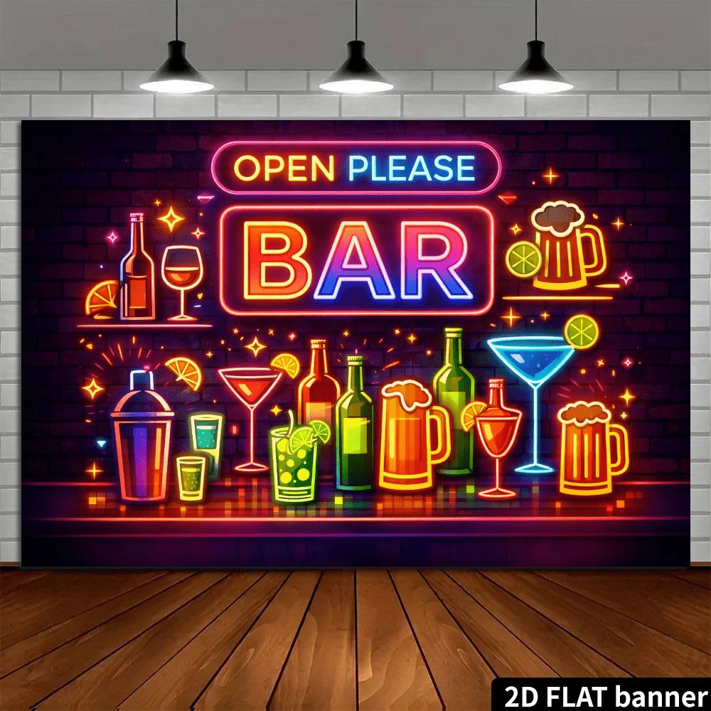 2D Flat Neon Bar Themed Backdrop with "OPEN PLEASE BAR" Style, Featuring Bartender Tools, Beer Mugs, and Cocktail Elements. Made of Durable, No Power Supply Needed. Suitable for Bar Decor, Party Setup, and P