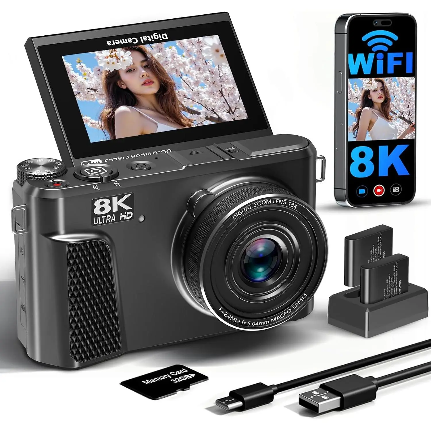 8K Digital Camera for Photography,88MP  WiFi Vlogging Camera for YouTube | 3" 180° Flip Screen,Autofocus,Compact Camera with 18X Digital Zoom,Flash,32GB TF Card & 2 (Gunmetal)