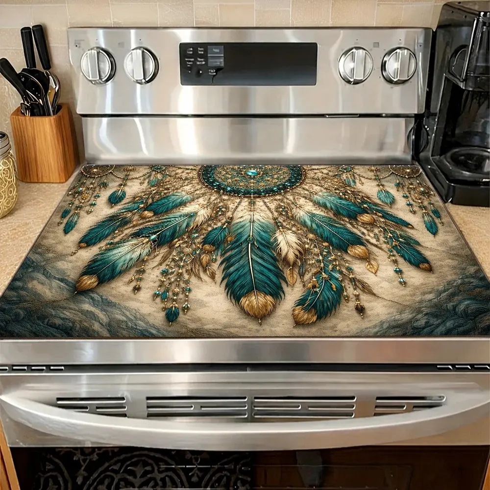 Ethnic style dream catcher net feather pattern design rubber stove protective cover - heat-resistant, anti slip, absorbent, easy to clean, oven mat, refrigerator mat, kitchen stove cover, suitable for oven, washing machine and surface protection