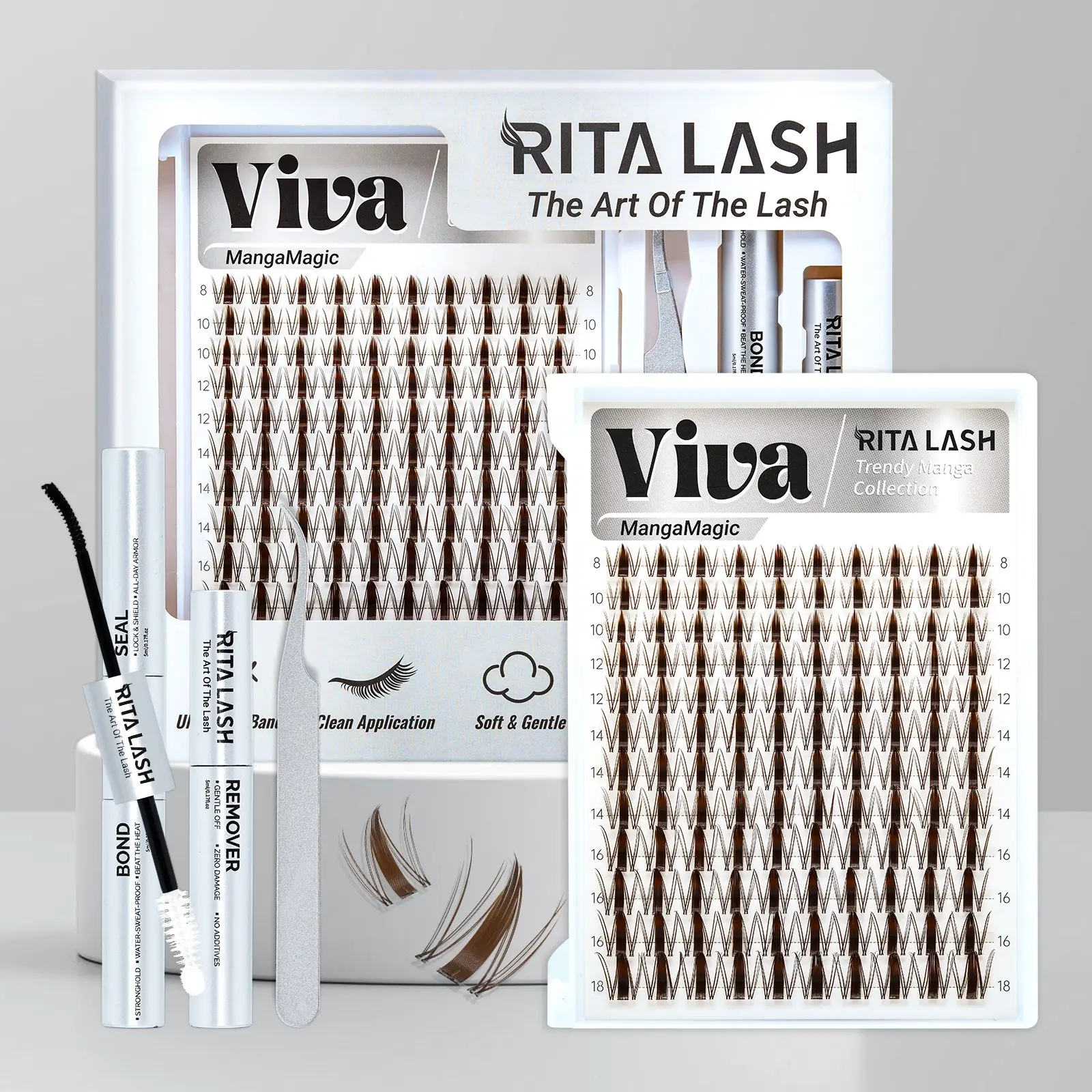 Viva | RITALASH 120PCS Dark Brown - Manga Kit Lashes with Ultra-Dense, Waterproof, Long-Lasting Lashes | Fairy | Fashion Wet Look | Beginner-Friendly DIY Lashes for a Flawless Look with Bond&Seal Remover and Tweezers
