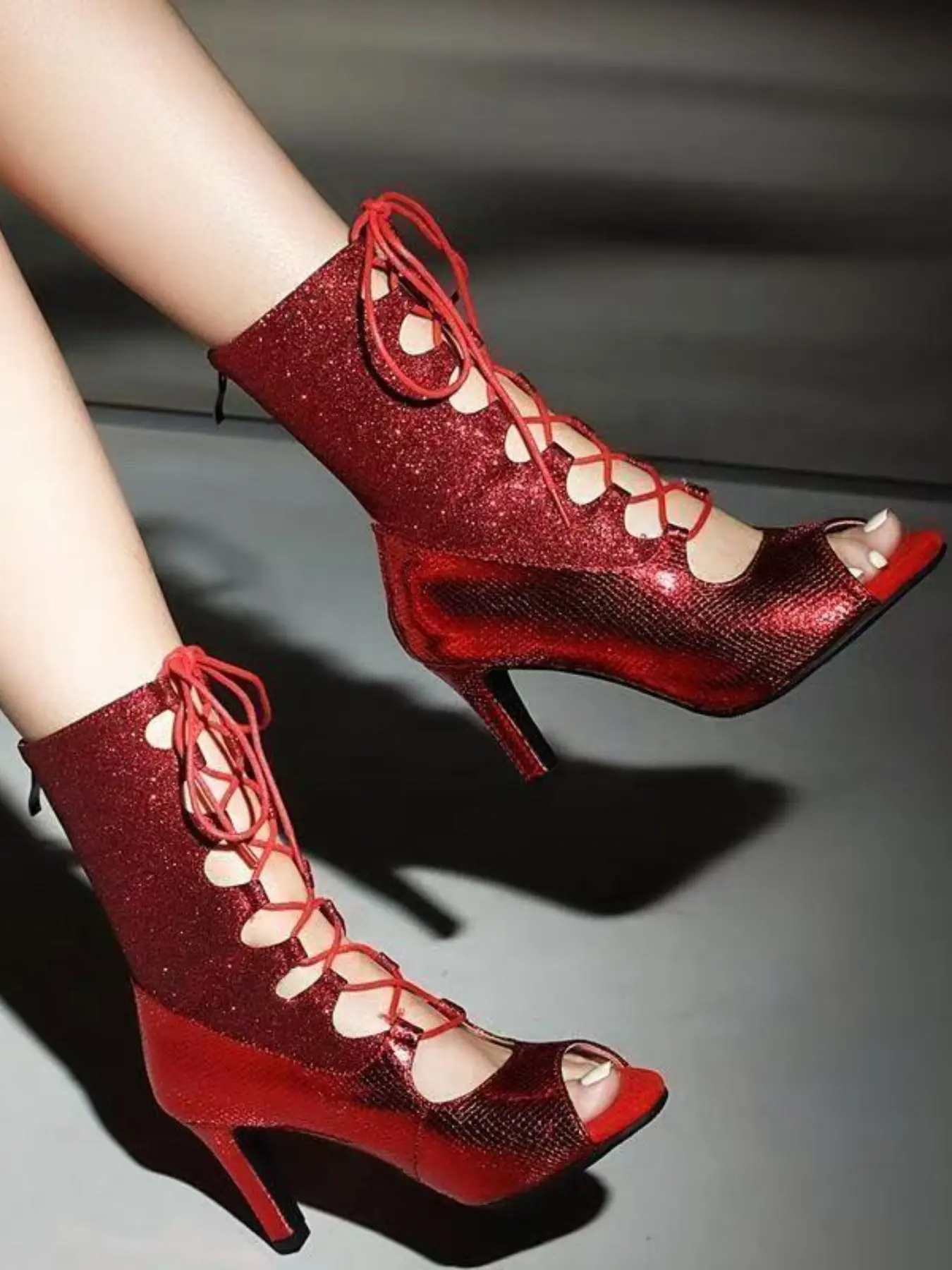 Women Glitter Snake Print Peep Toe Ankle Boots Cutout Lace Up Stiletto Heel Dance Party Booties