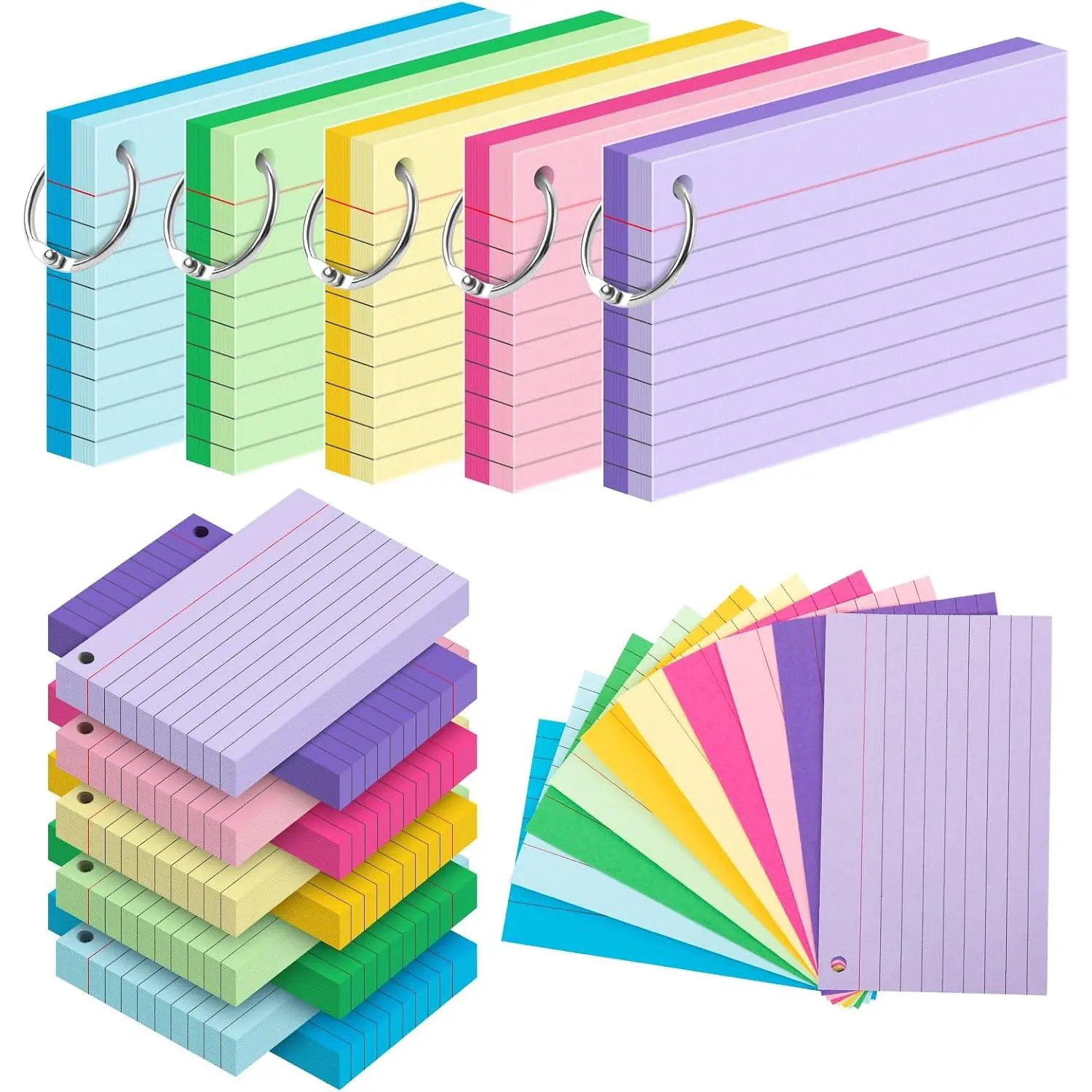 250 count Colored Index Cards 3x5 Inch with Ring, Ruled Flash Cards | 10 Color (50 Sheets Each) Heavy Note Cards for Studying, Flashcards with  Covers for Office  School Supplies