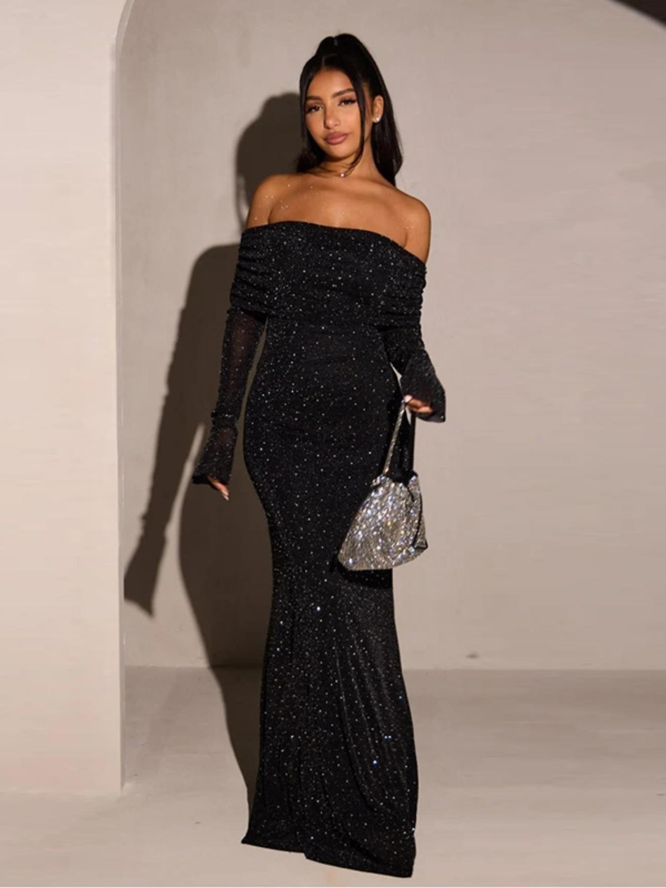 Women's Contrast Sequin Ruched Off Shoulder Mermaid Dress, Elegant Classy Long Sleeve Slim Maxi Dress for Party Evening Formal Occasions, Ladies' Clothes for All Seasons