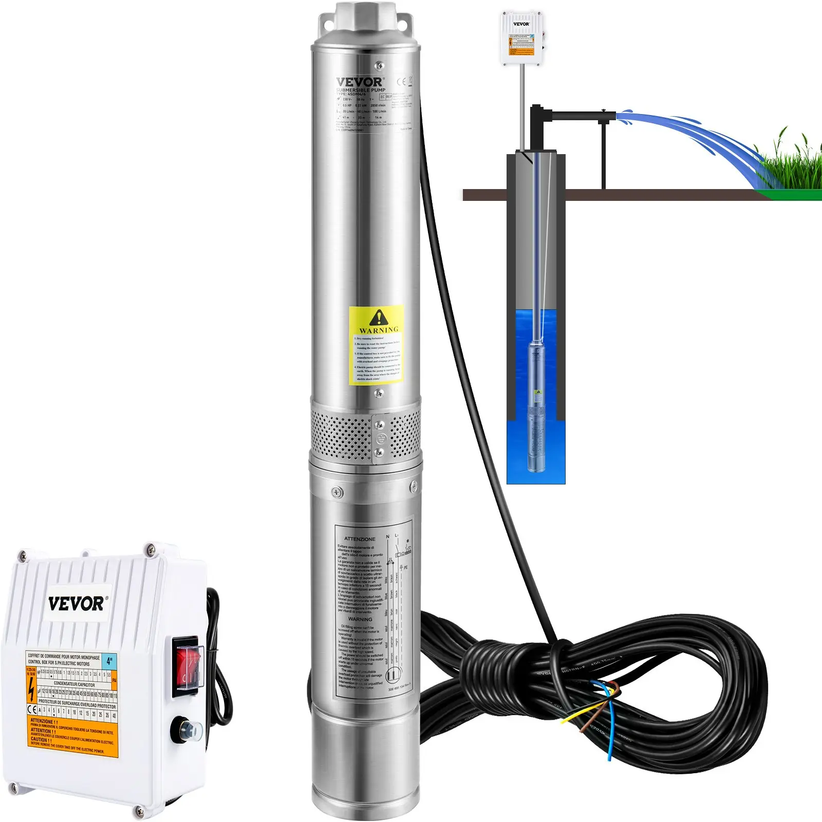 VEVOR 4-Inch Solid Metal Cylindrical Stainless Steel Deep Well Submersible Water Pressure Pump, 3HP, 230V/60Hz, 37GPM, 640ft Head, 33 ft Cord, External Control Box, IP68 Waterproof for Industrial Use