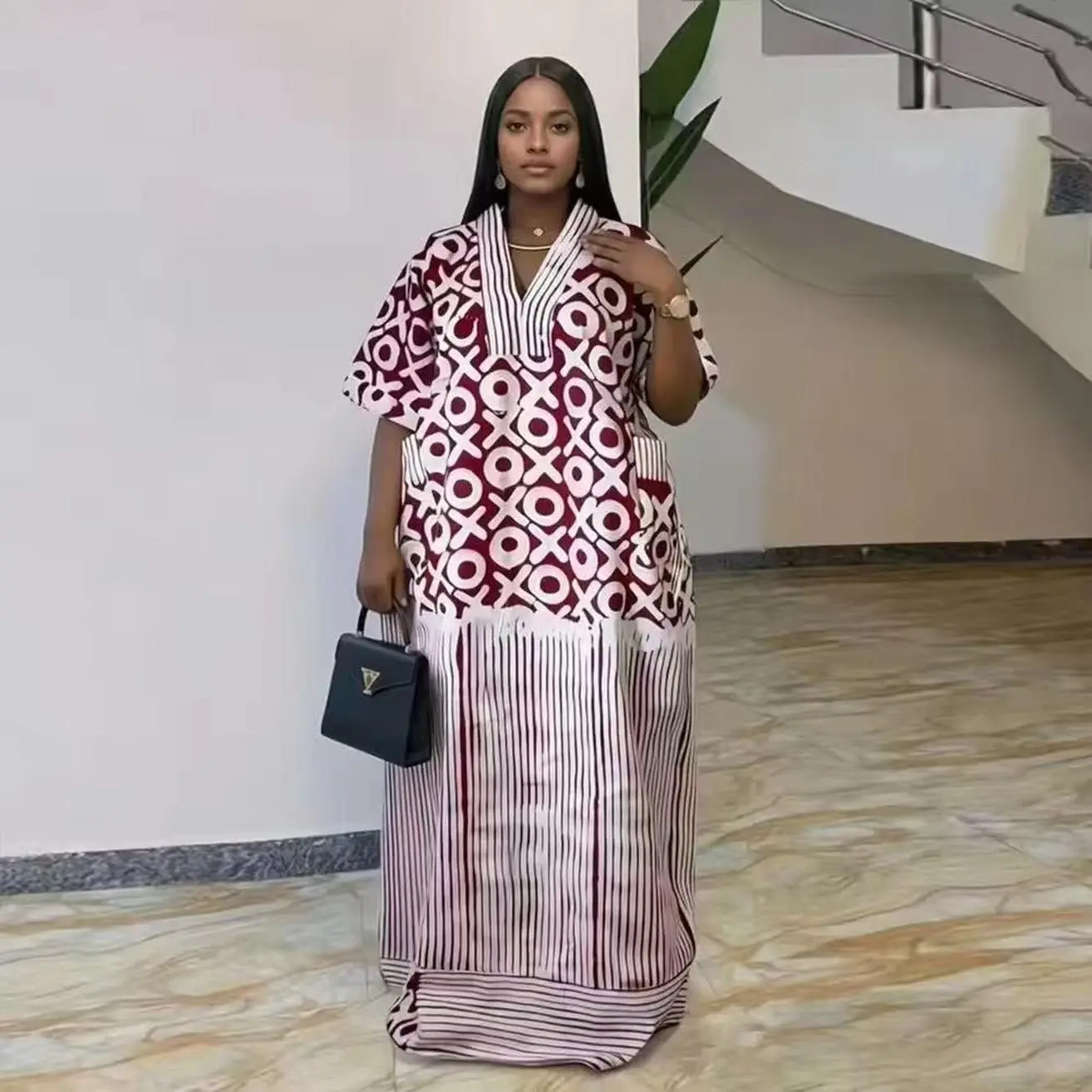 Women's Plus Size Polyester Kaftan Maxi Dress - Short Sleeve, African Dashiki Style, Muslim Abaya-Inspired, Plant Pattern, Formal Evening Party Outfits, Commute-Friendly, Plus Size Fashion