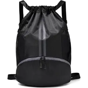 Black Drawstring Gym Bag for Men, Waterproof Drawstring Backpack for Women, Swim Bag with Shoes Compartment, Pull String Sport Bag for Soccer and Basketball.Gift.