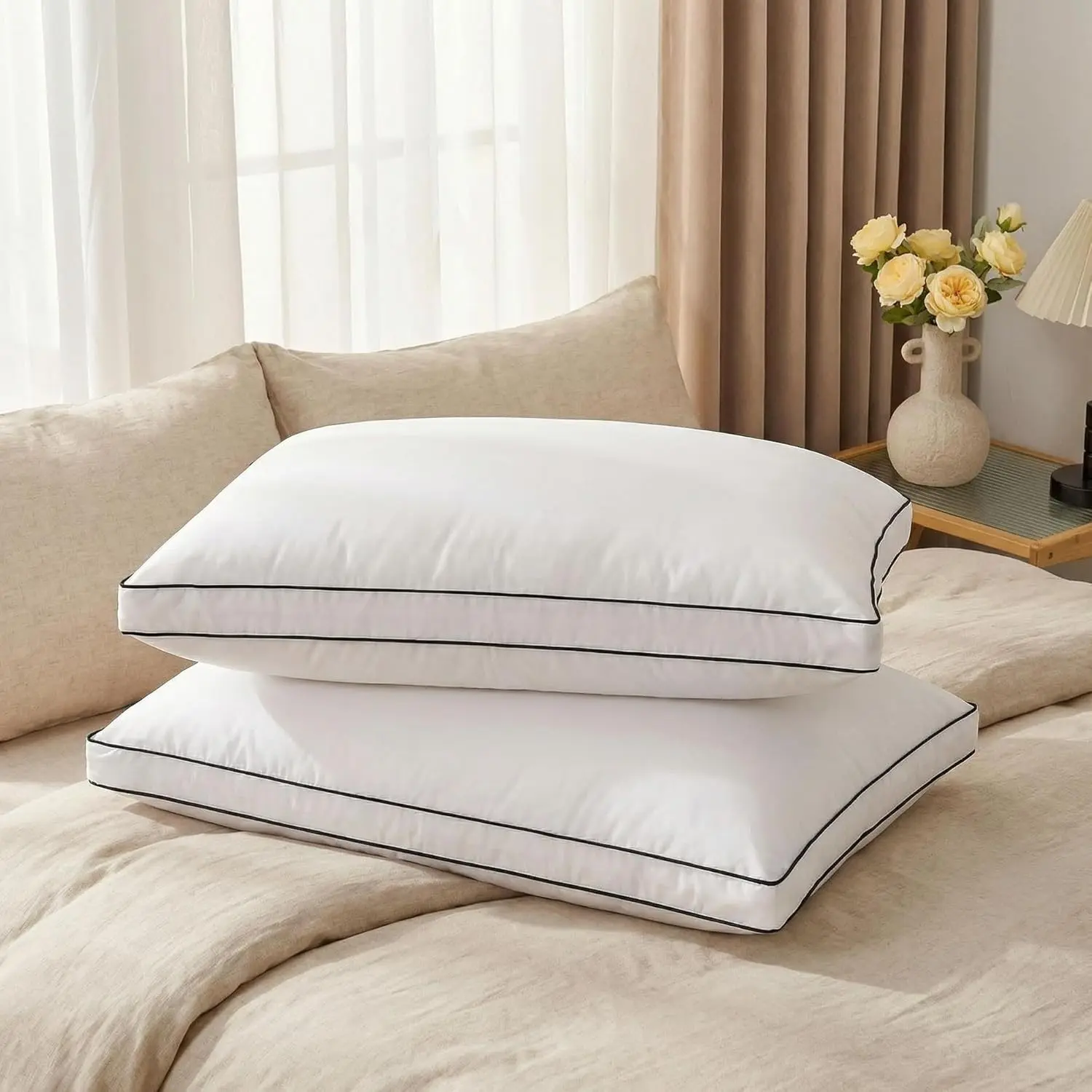 Feather Down Pillows Queen Size 20x30 in Set of 2 with Gusset, Luxury Hotel Collection Bed Pillows 2 Pack, Down Surrounded Gusseted Sleeping Pillows, Fluffy for Side and Back Sleepers