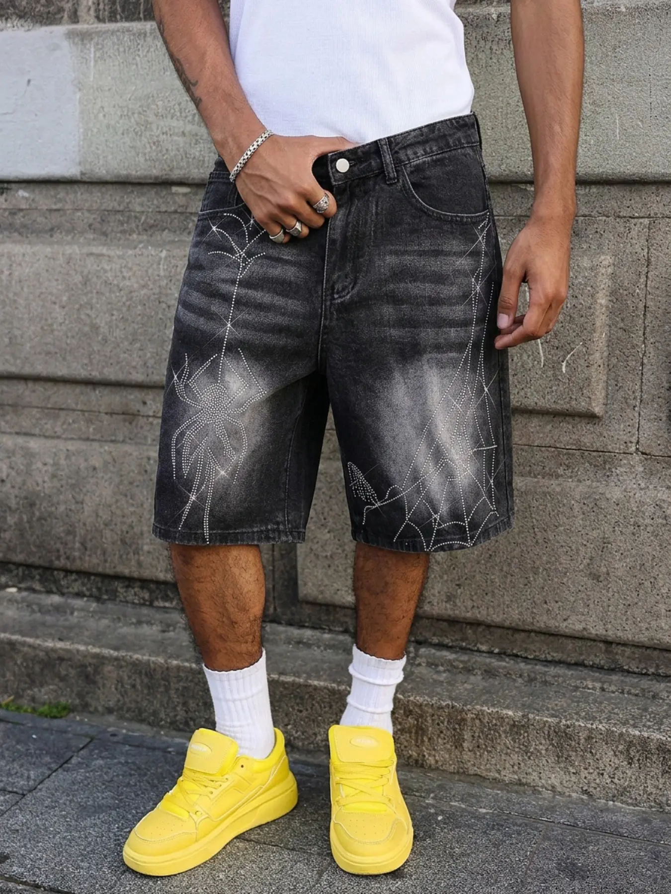 Men's Jeans, Denim, Street Style, Streetwear, Daily Wear, Casual, All Seasons, Breathable Cotton, Loose Fit, Baggy, Spider Web Rhinestone Embellishment