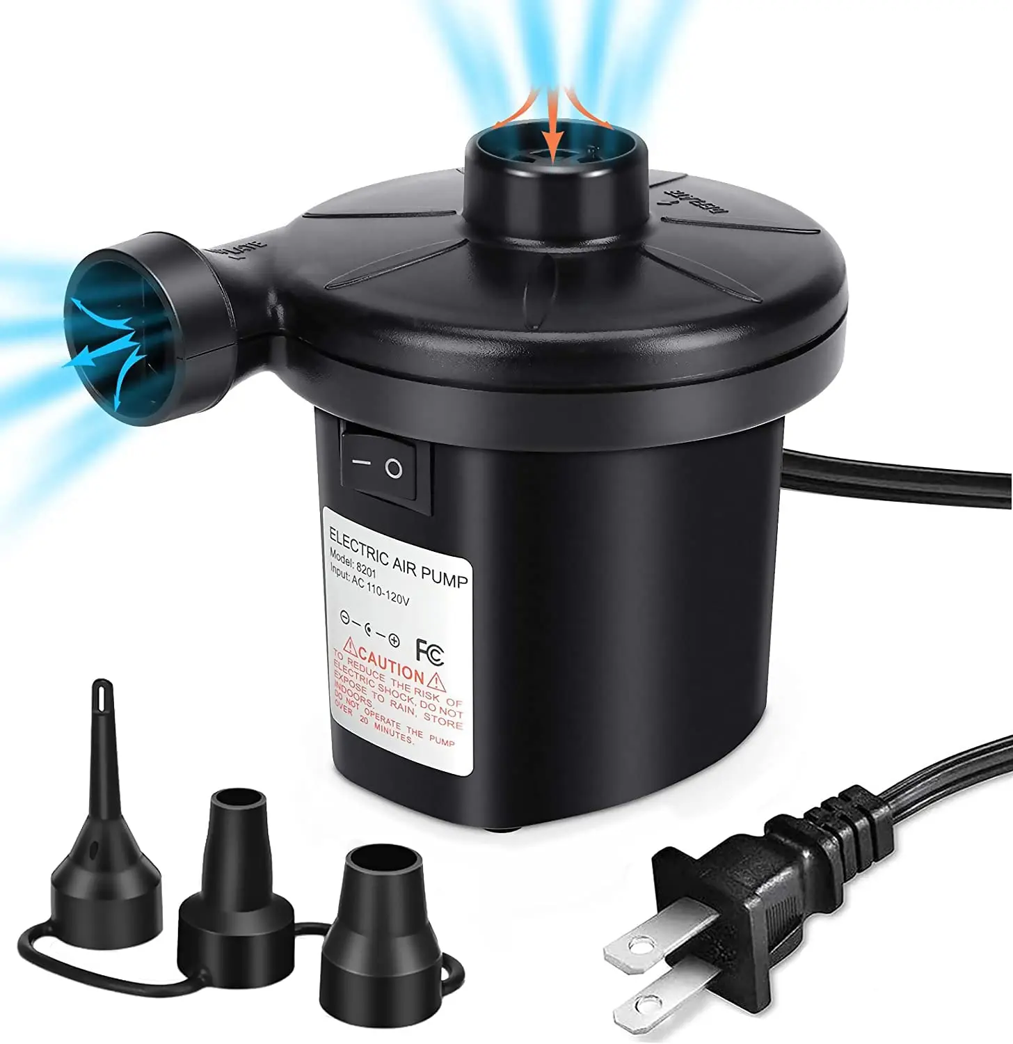 Electric air pump for inflatables, portable quick-fill air pump with 3 nozzles, 110–120 V; inflator and deflator pumps for outdoor camping, air mattresses, boats, inflatable cushions, sofas, and pool floats.