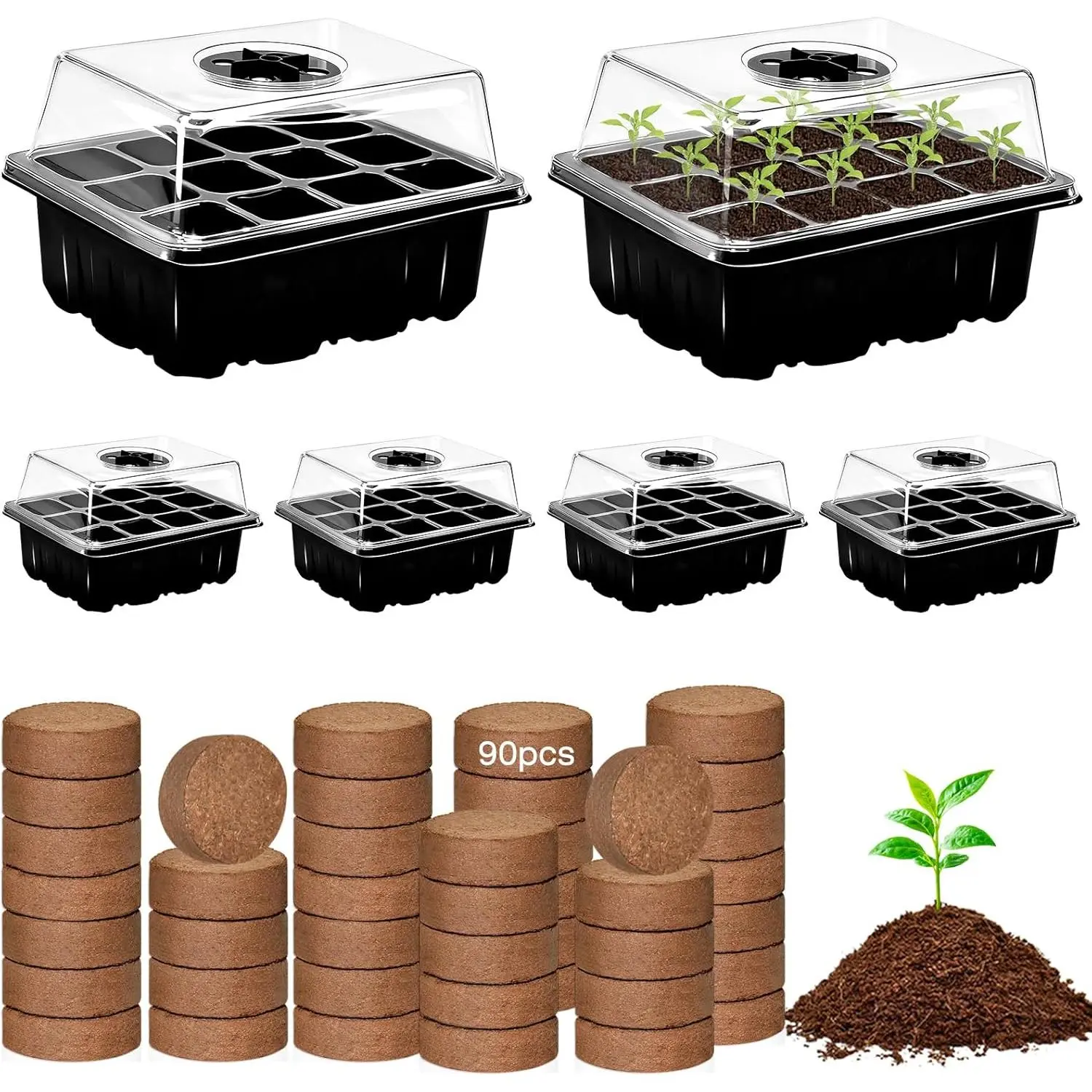 6 Set Seed Starter Tray Kits, 6 Pack Seed Trays with 90 Pack Coco Coir Pellets, Adjustable Humidity Germination Tray with Dome Lids for Indoor Plants, Mini Greenhouse for Vegetables Garden