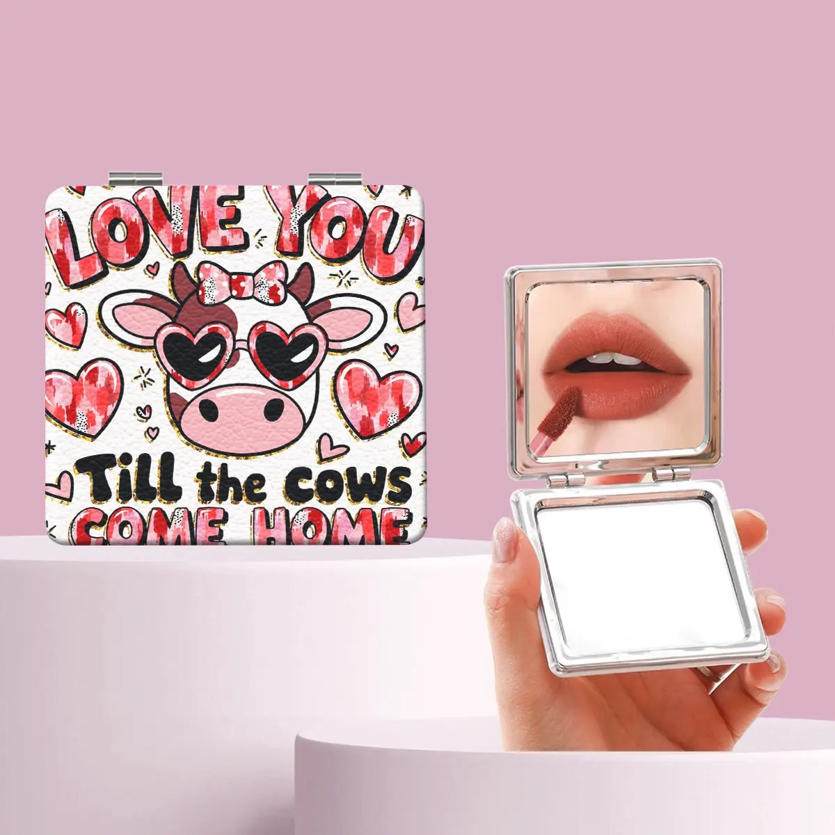 Cute Heart Letter Cow Makeup Mirror, Foldable Mini Handheld Mirror, Perfect for All Occasions, Gift for Sisters, Friends, Girls