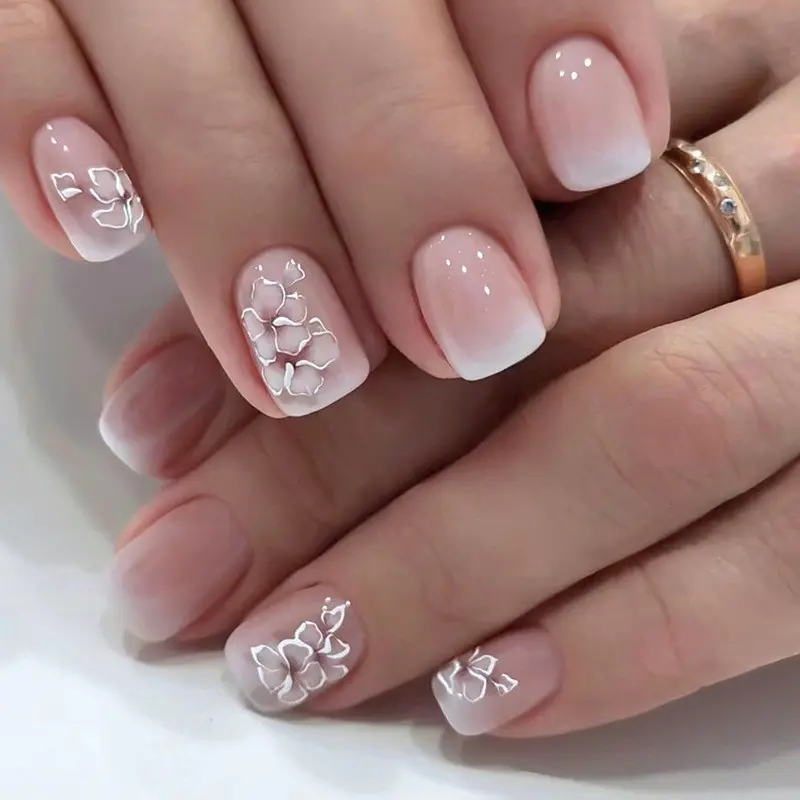 24pcs Short Square Press-On False Nails, Flower Gradient Fairy Fashion, Versatile Whitening Fake Nails, Glue Included, Decorative Nails