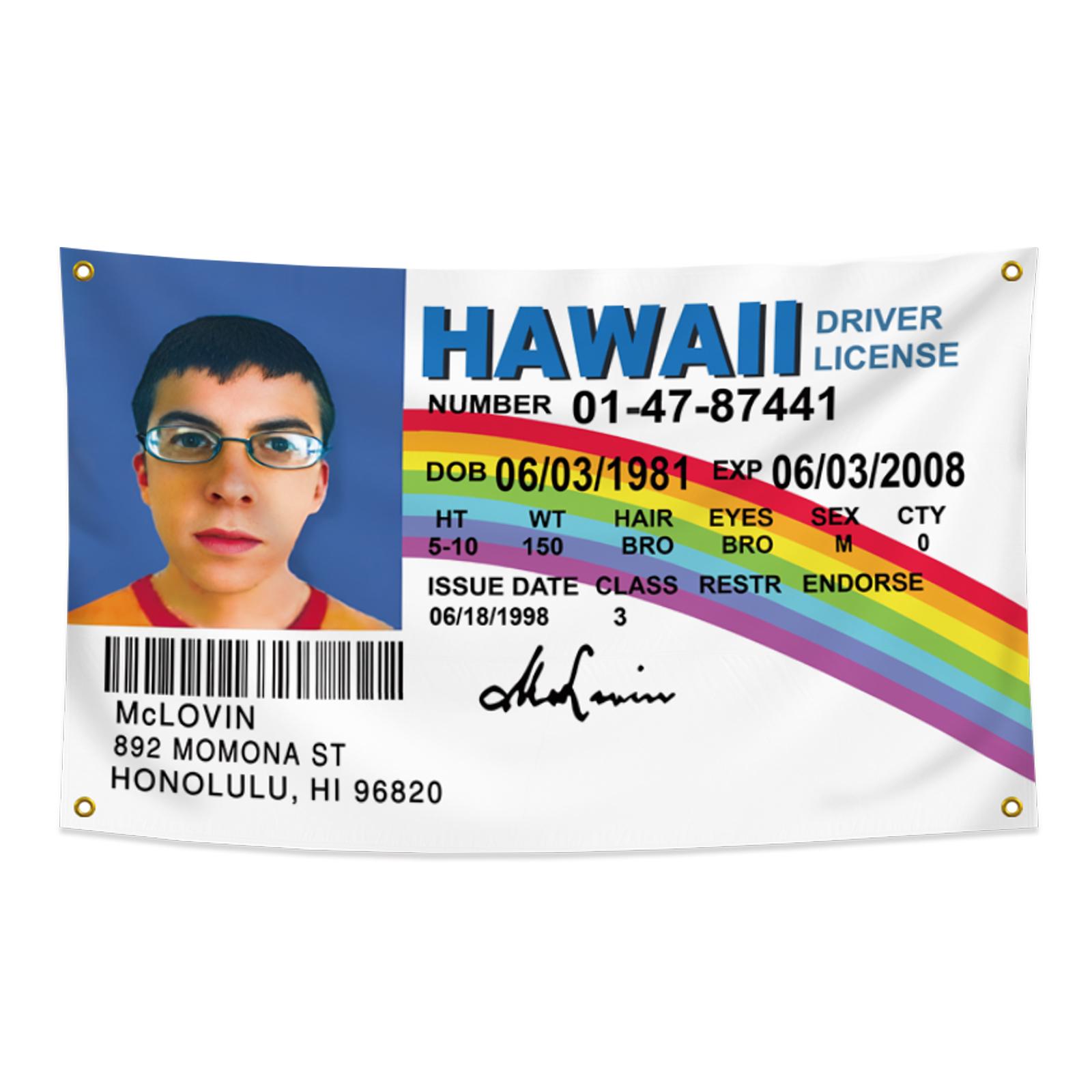Hawaii ID Flag Fake Driver License 3x5 ft Mclovin Tapestry, Polyester with 4 Brass Grommets, Mc Loving Funny flags Poster for College Dorm Outdoor Banner Room Decor Home Decor Supplies