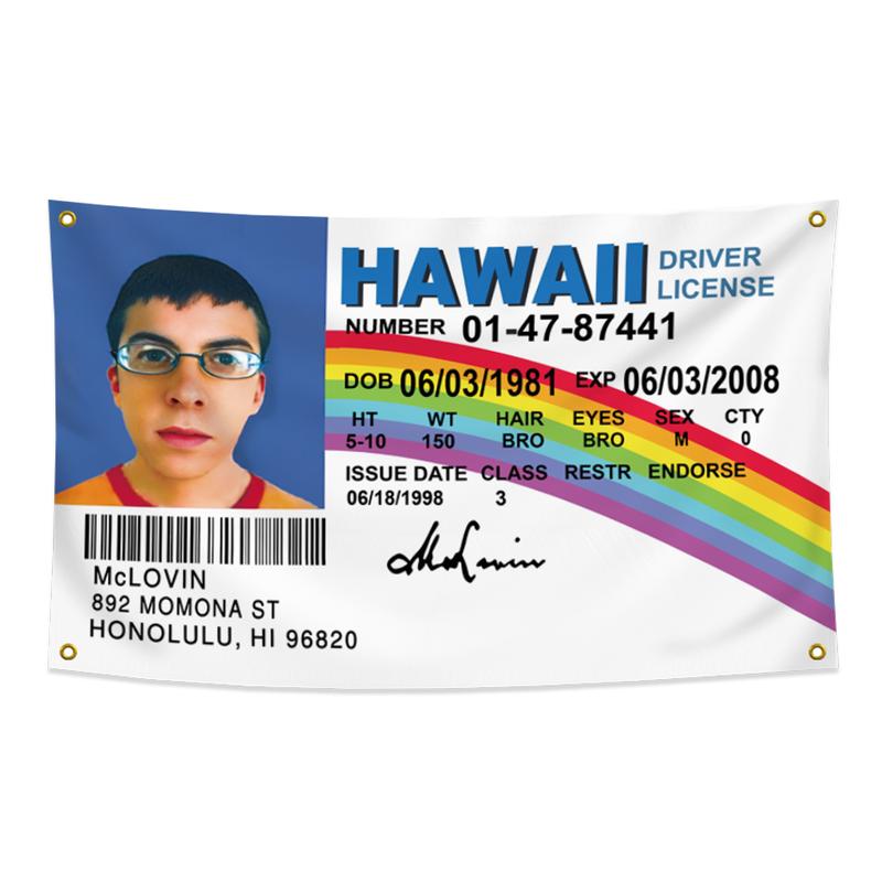 Hawaii ID Flag Fake Driver License 3x5 ft Mclovin Tapestry, Polyester with 4 Brass Grommets, Mc Loving Funny flags Poster for College Dorm Outdoor Banner