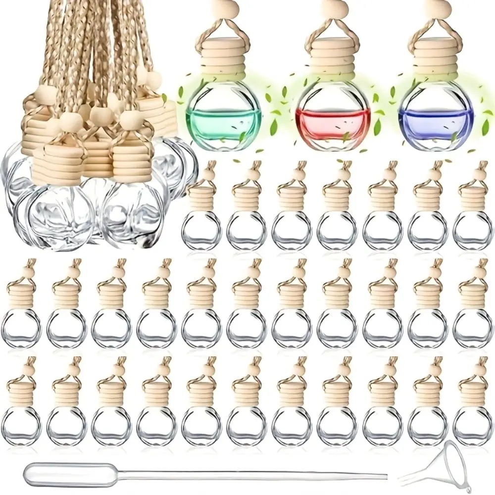 20 Pcs 10ml (0.27oz) Empty Refillable Glass Car Air Freshener Diffuser Bottles - Wooden Caps, Adjustable Rope, for Car Interiors, Closets, Crafters, Custom Blends with Droppers and Funnels