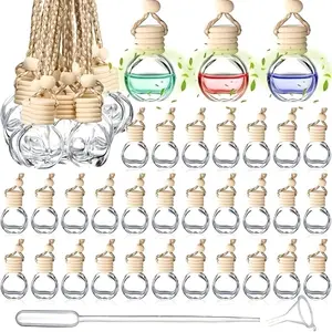 20 Pcs 10ml (0.27oz) Empty Refillable Glass Car Air Freshener Diffuser Bottles - Wooden Caps, Adjustable Rope, for Car Interiors, Closets, Crafters, Custom Blends with Droppers and Funnels