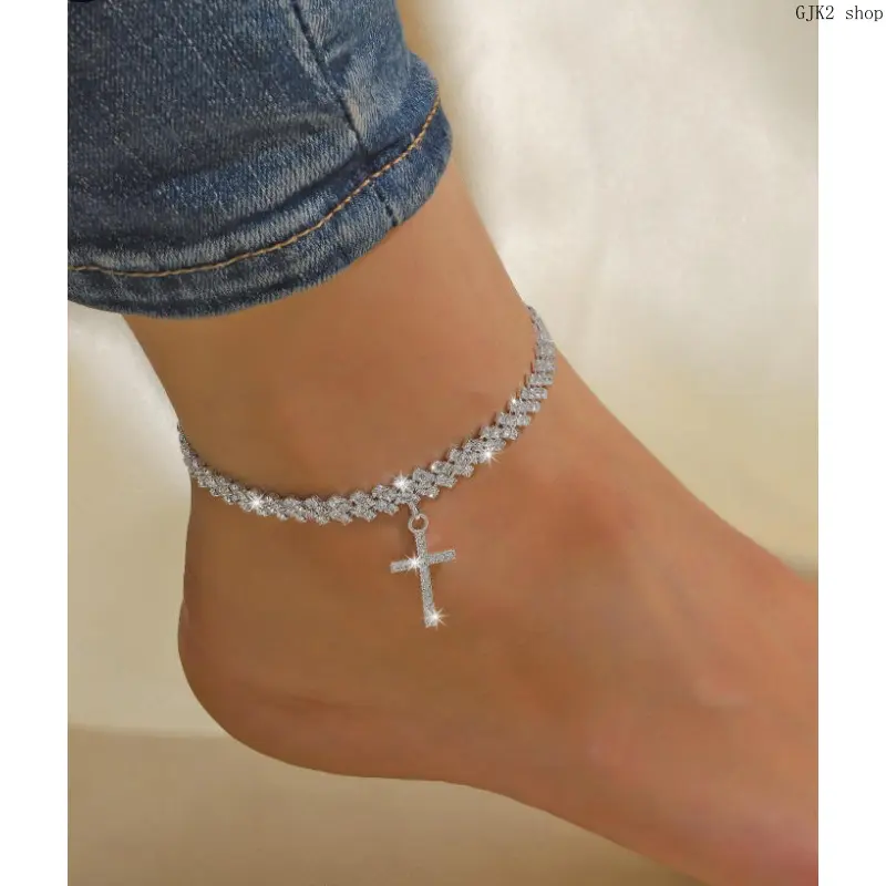 Dainty Rhinestone Cross Charm Anklet, Adjustable Trend Foot Jewelry for Women Girls, All-Match Daily & Party Accessory, Thoughtful Birthday & Holiday Gift for Her