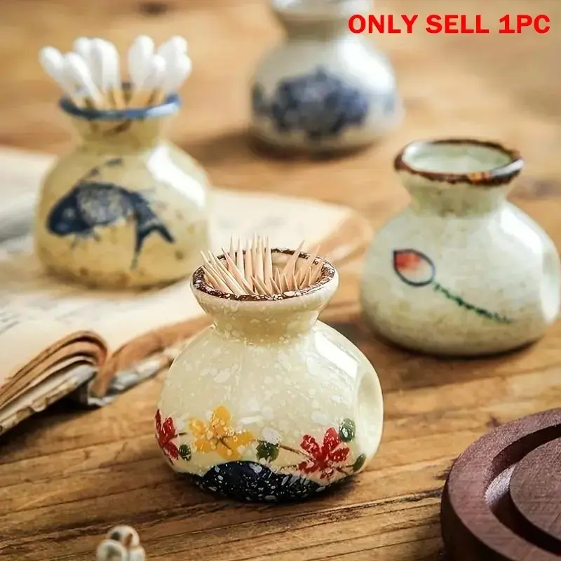 Vintage Ceramic Toothpick Holder, Fish/flower Pattern, Decorative Storage Jar, Toothpick Organizer for Home Kitchen Restaurant
