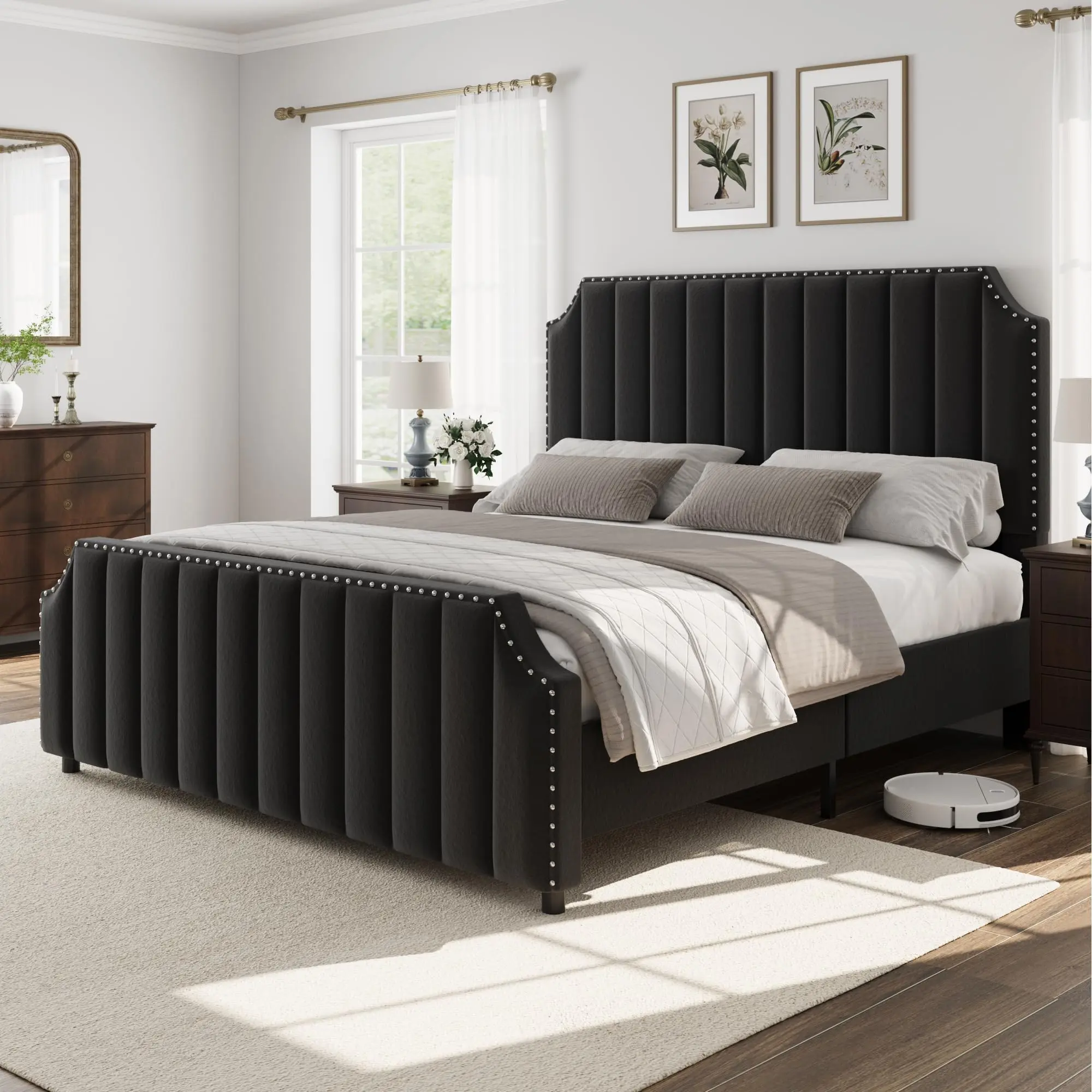 Hosslly Glam Velvet Fabric Queen Size Bed Frame - 50" Tall Vertical Channel Tufted Headboard & Footboard with Nailhead Trim, Upholstered Platform Bed, Strong Wooden Slats, No Box Spring Needed, Easy Setup