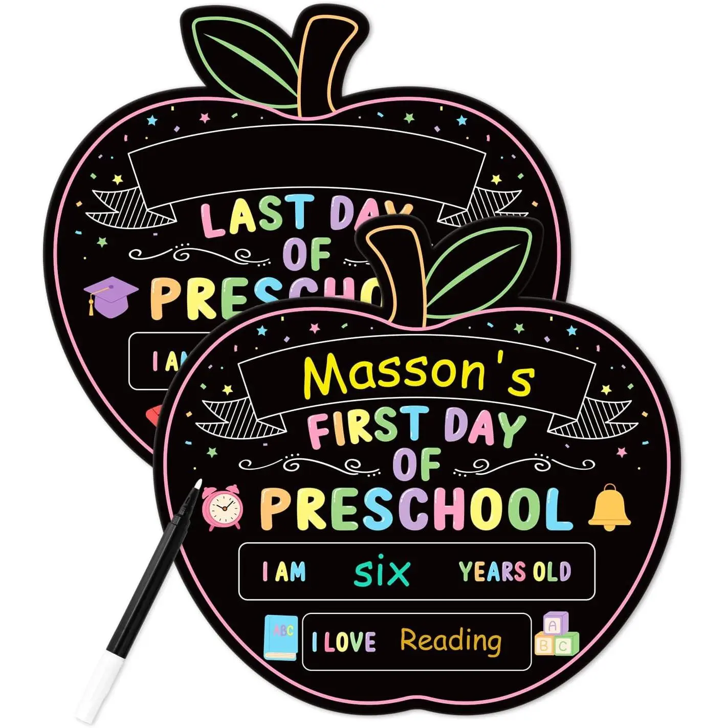 First and Last Day of School Sign - with Marker  Double-Sided Chalkboard for   Shaped  to School Milestone Board Photo Prop for   and Elementary
