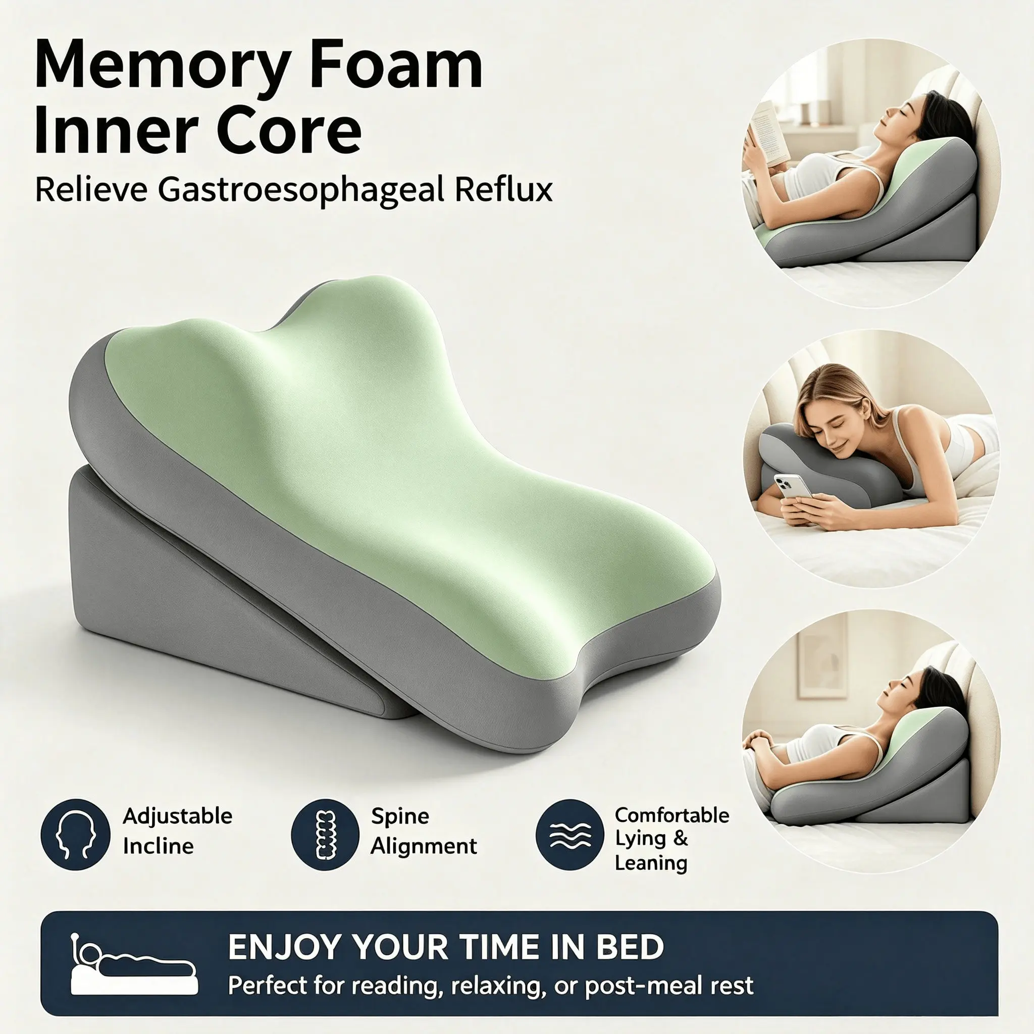 Multifunctional Ergonomic Memory Foam Pillow Set, Adjustable Thick Backrest, Ideal for Reading, Two-Piece Split Support Pillows, Anti-Slip Lumbar and Neck Pillows