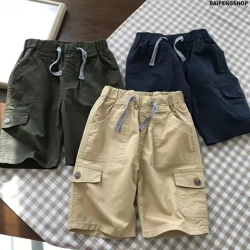 Boys' Class A Cotton Solid Color Work Shorts, Loose Fit Breathable Soft Casual Summer Shorts, Skin Friendly Durable Kids Casual Bottoms, Comfortable Athletic Streetwear Shorts for Boys, Ideal for Daily Wear, Hiking & Outdoor Activities