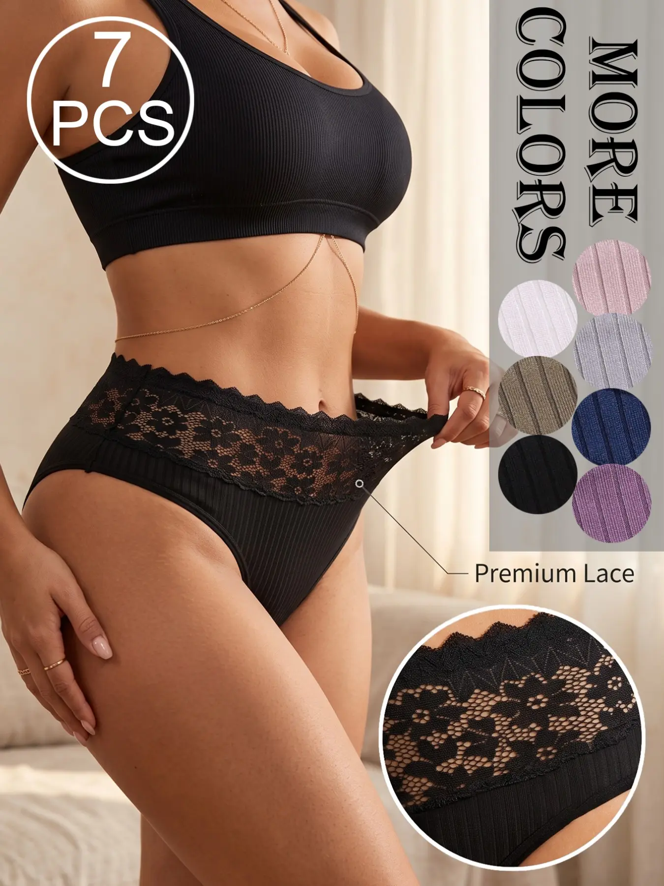 7Pcs Women Ribbed Bikini Panties with Floral Lace Waistband Design, Stretch Breathable Solid Color Soft Daily Wear Underwear