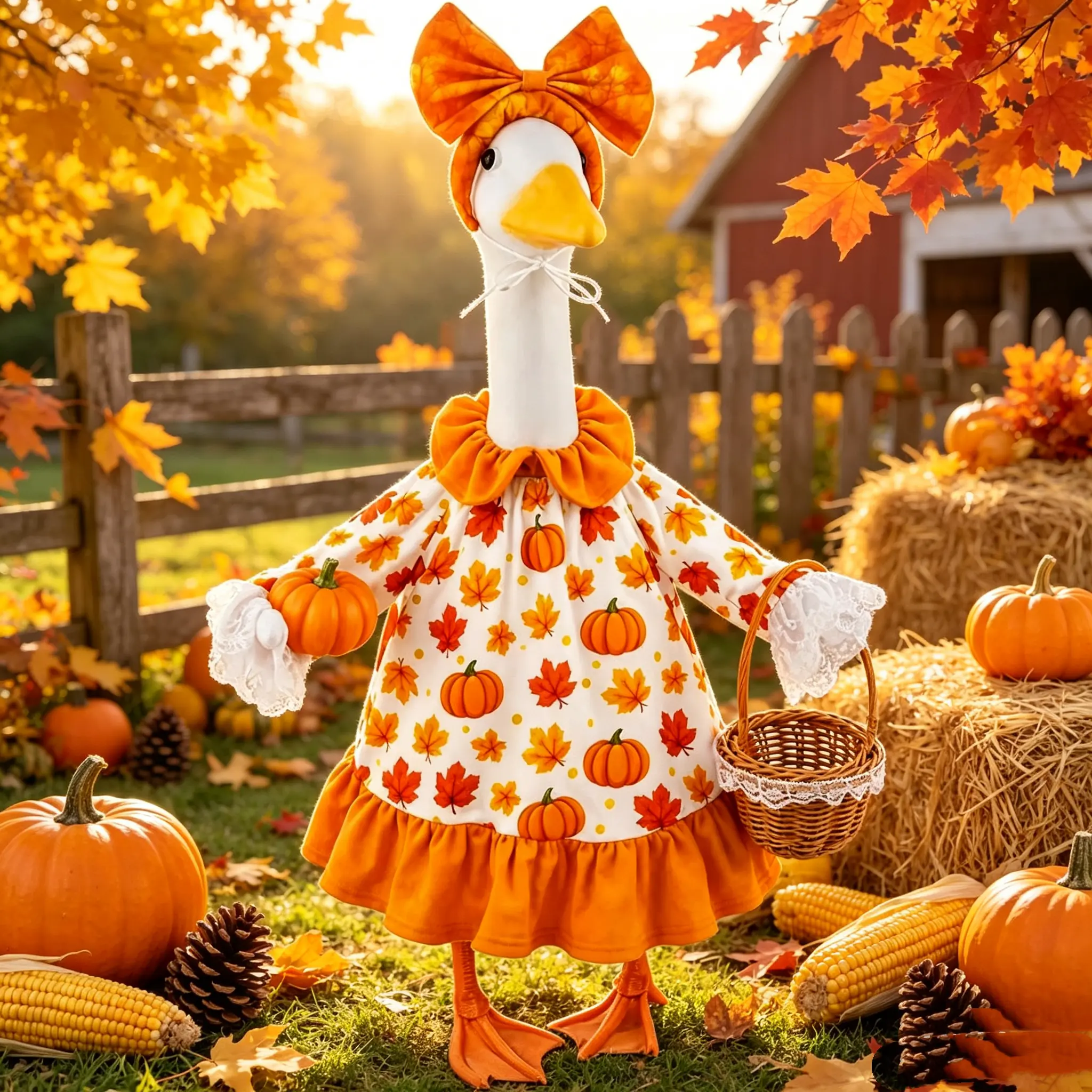 Fall Porch Goose Outfit for 23-Inch Cement/Plastic Statues, Decorative Pumpkin & Leaf Printing Outdoor Decor for Yard Lawn Garden Patio, Thanksgiving Party Festive Supplies