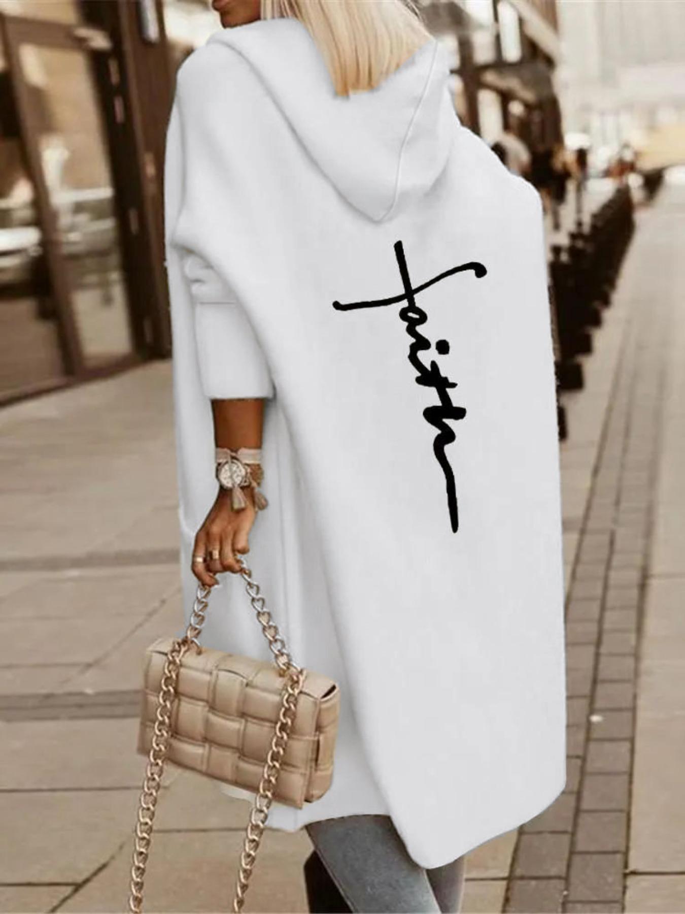 Women's Letter Print Drop Shoulder Hooded Sweater Cardigan, Casual Long Sleeve Pocket Design Knitwear for Fall & Winter, Cardigan for Women,  Long Cardigan Women, Hoodie Cardigan for Women, Fashion Chic Ladies' Knit Clothing for Daily Wear