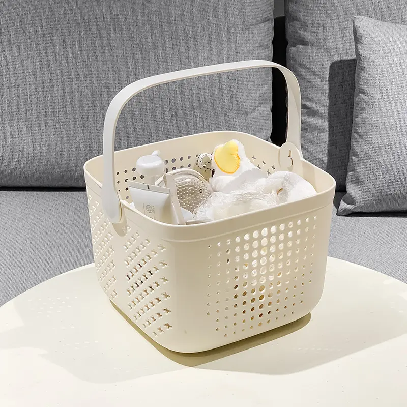 Portable shower basket, bathroom toiletries storage basket, student-specific square draining bath basket