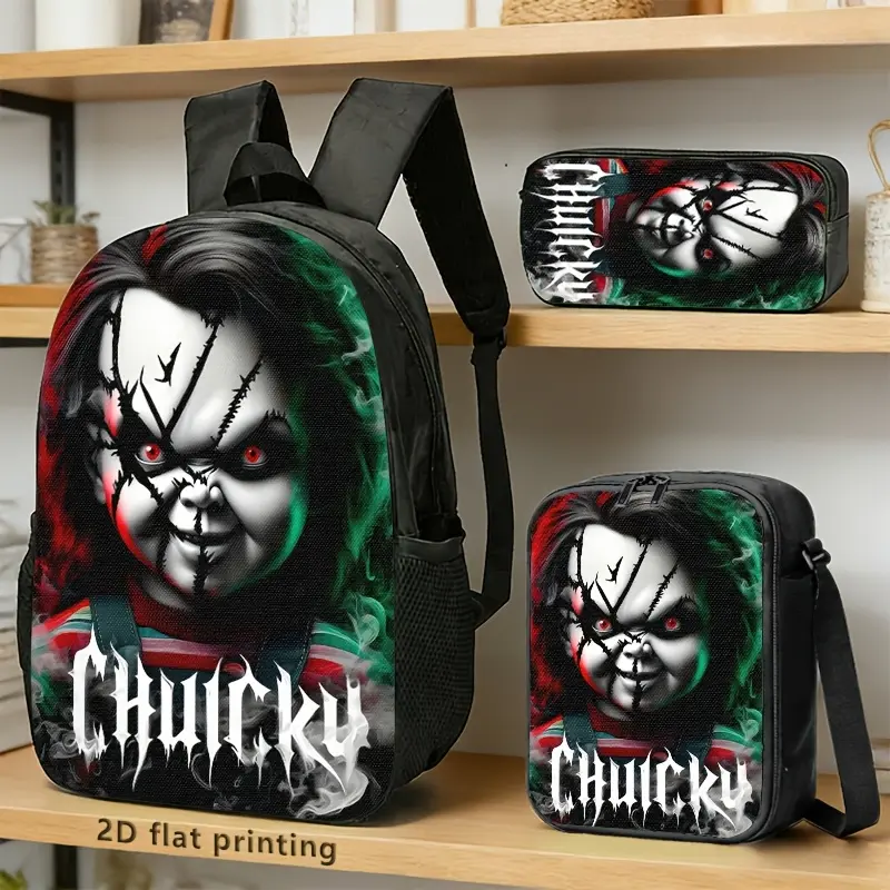 Horror Halloween 3Pcs School Backpack , Matching Backpack Crossbody Bag & Stationery Pouch, Bold Horror Halloween Print Street Daily Carry Bags For Youth # TikTokMadeMeBuyIt # HalloweenBagSet # TeenStreetAccessories # HalloweenMerch # BackToSchoolFinds