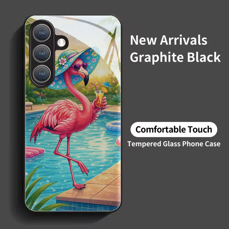 Phone Case - A Stylish Black Tempered Glass Phone Case Featuring a Flamingo Poolside for Galaxy S26 S25 S24 S23 S22Pro S21 S20 Fe Plus Ultra Pro A56 A55 A54 A53 A52 A51 A36 A35 A34 A32 A26 A25 A24 A23 A16 A15 A14 A06 A05 A03s, Cellphone, Protection, Casin